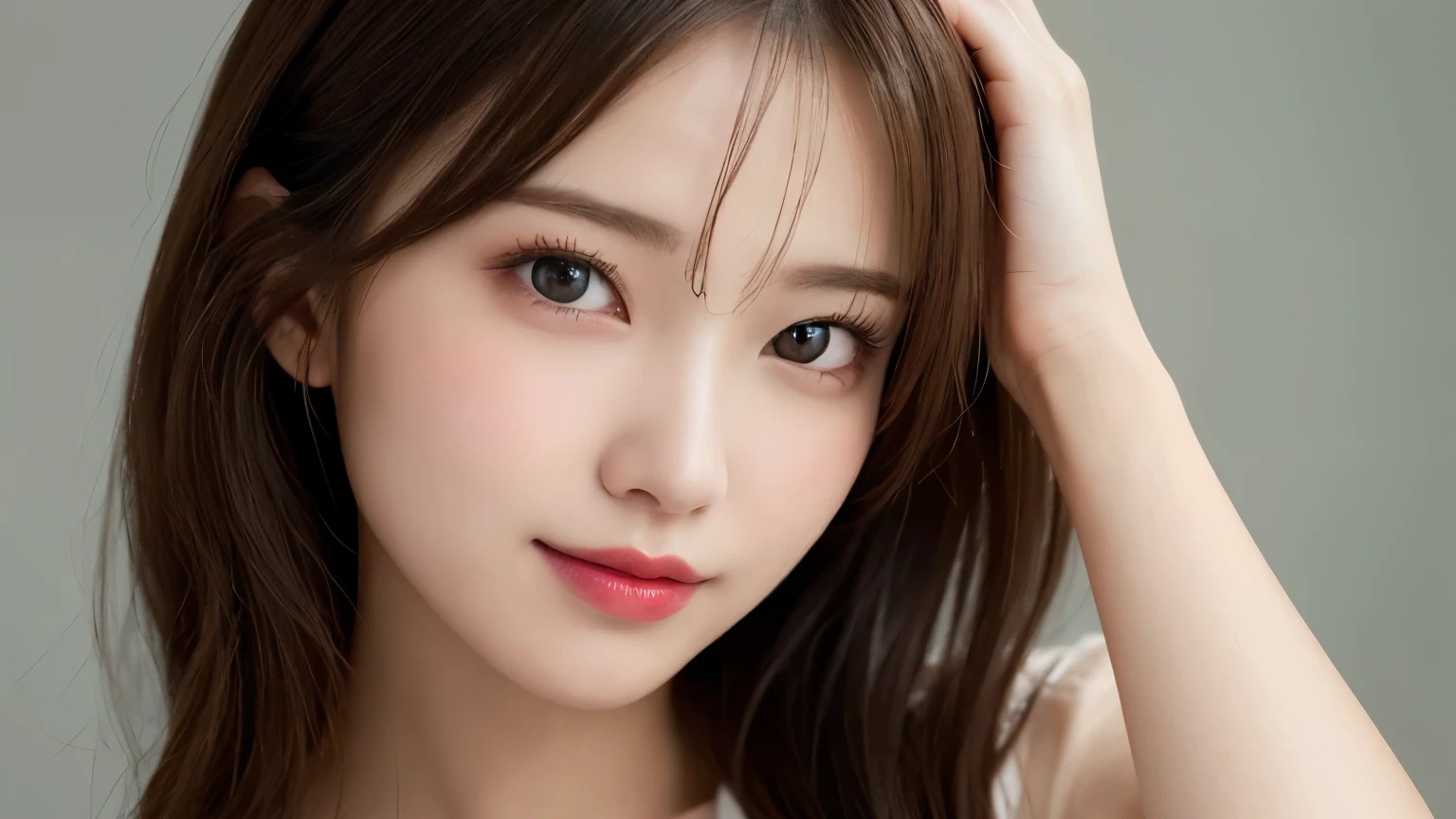 On the table, best quality, shape, Ultra Detailed, Finely, high resolution, 8k wallpaper, 完璧なダイナミックな構shape, Beautiful and delicate eyes, Medium Length Hair, Small Breasts, Natural lipstick, casual sexy pose,Smile,20 year old girl、midnight、Beautiful and detailed face、Perfect beautiful face,big eyes、original photo、Expressing female posture using the whole body、Beautiful and delicate eyes、Small face、Beautiful duplex、Facelift and style,shirt、Beautiful golden ratio face,Double ponytail hairstyle