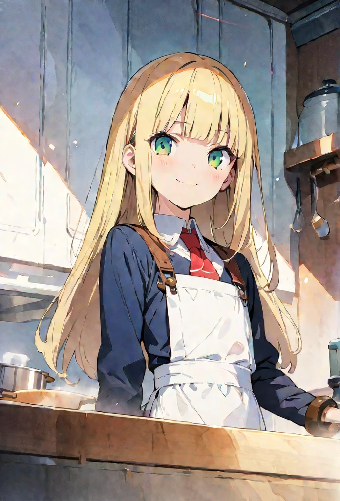 (masterpiece:1.3), (best quality:1.2), (illustration:1.2), (ultra detailed:1.2), (pixiv:1.4),
ultra high res, watercolor, a girl with blonde and long blunt bangs hair and green eyes,Navy blue blazer, white shirt, red ribbon tie, navy and white checked skirt,BREAK,
(masterpiece:1.3), (best quality:1.2), (illustration:1.2), (ultra detailed:1.2), (pixiv:1.4),
ultra high res,looking at viewer
,fullbody shot, (masterpiece)1.3, anime visual, flat chest,slim, BRAKE, Slender, Steampunk, smiling, Apron, cooking in the kitchen,