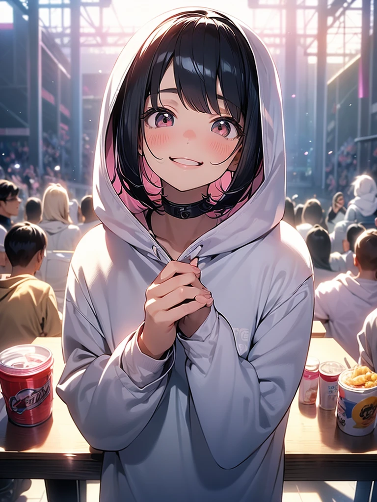 Teenage Girl、hoodie、Big Eyes、White skin、Pink Lips、Black Hair、Straight hair、Short Bob Hair、Depiction of the upper body、Looking up at the audience、Smiling Kindly、Open your lips、Guts pose