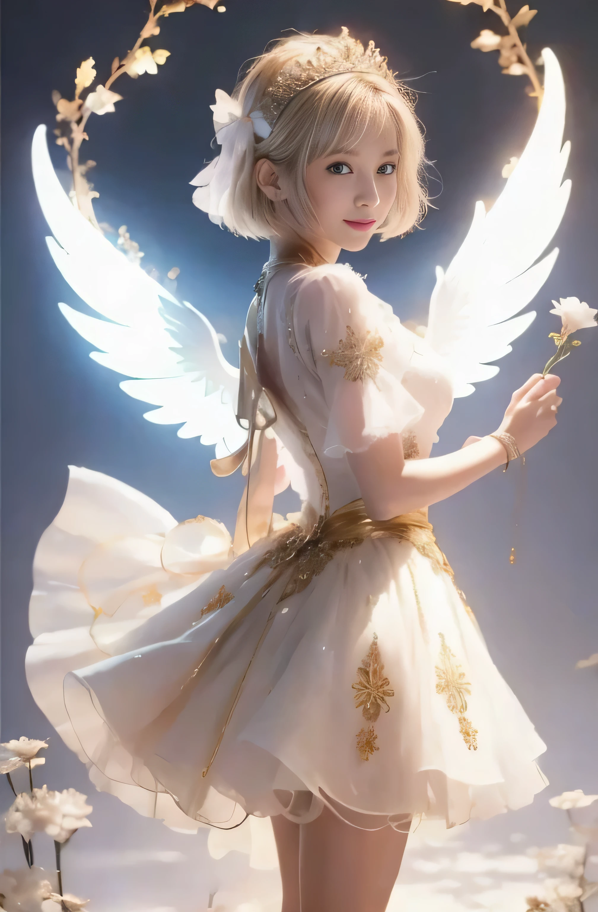 Greek warships、He has white angel wings on his back、8k、Real photo、Ultra-high resolution, Master Parts, highest quality, Ticker , Cinematic images,A lovely girl、Ann、16 years old、ann gross saxon、double eyelid、Droopy eyes、Very big eyes、eye shadow、 Very detailed , blonde、Straight Short Hair、 Sweet expression 、smile、Attractive appearance、、Thin lips ,beautiful long nose、Small nose tip、Very beautiful woman、long supple legs、 Very sharp shadows , jewelry , sexy , Fine grain, Very difficult, Glowing Skin , perfect brilliant ann, Perfect Sentence, Dramatic Shadows ,White tiara on head、white dress with gold embroidery、