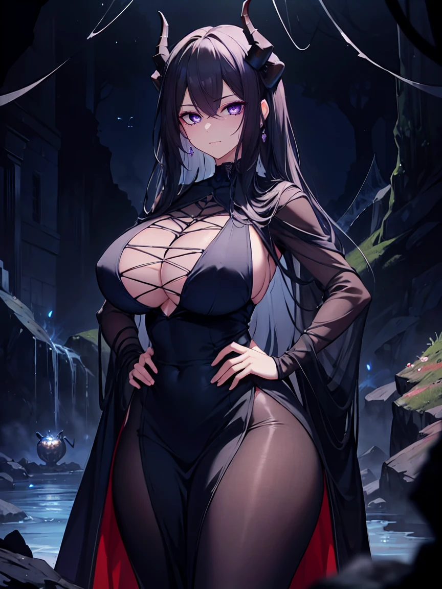 (Uhd, Masterpiece, Textured Skin, Super Detail, High Details, High Quality, Best Quality), Detailed Face, 1woman, mature pretty woman, ((wide hips, thick thighs)), ((Long Dark Blue eyes hair)), ((Black Sexy Rpg dress), (Pants), (Spider, Web, Silk), (Oni Horns), (standing, inside a dark cave full of cobwebs), (Hands On hips), (giant spiders behind)