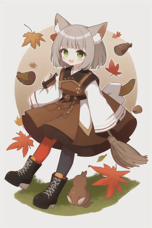 One girl, Book, Animal ears, Green Eyes, smile, Open your mouth, alone, Gray Hair, View your viewers, full boisy, multicoloreis hair, holising, Have, 紅leaf, wiise sleeves, bangs, broom, leaf, Acorns, :is, Long sleeve, blush, Two-tone hair, lanthanum, blunt bangs, boots, pantyhose, maple leaf, Brown Hair,