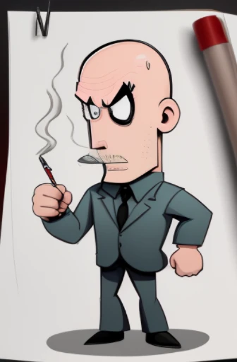 drawing of a cartoon character with a BALD AND CIGARETTE, cartoon drawing, animation character, cartoon character,character IN OVER A REALISTIC SHEET, very high quality picture, character is standing, comic character, , character posing,matte colors,pastel colors, nankin design,low poly, EXPRESSIVE EYES,EXPRESSIVE CHARACTER,white background,REALISTIC PENCILS OVER A SHEET