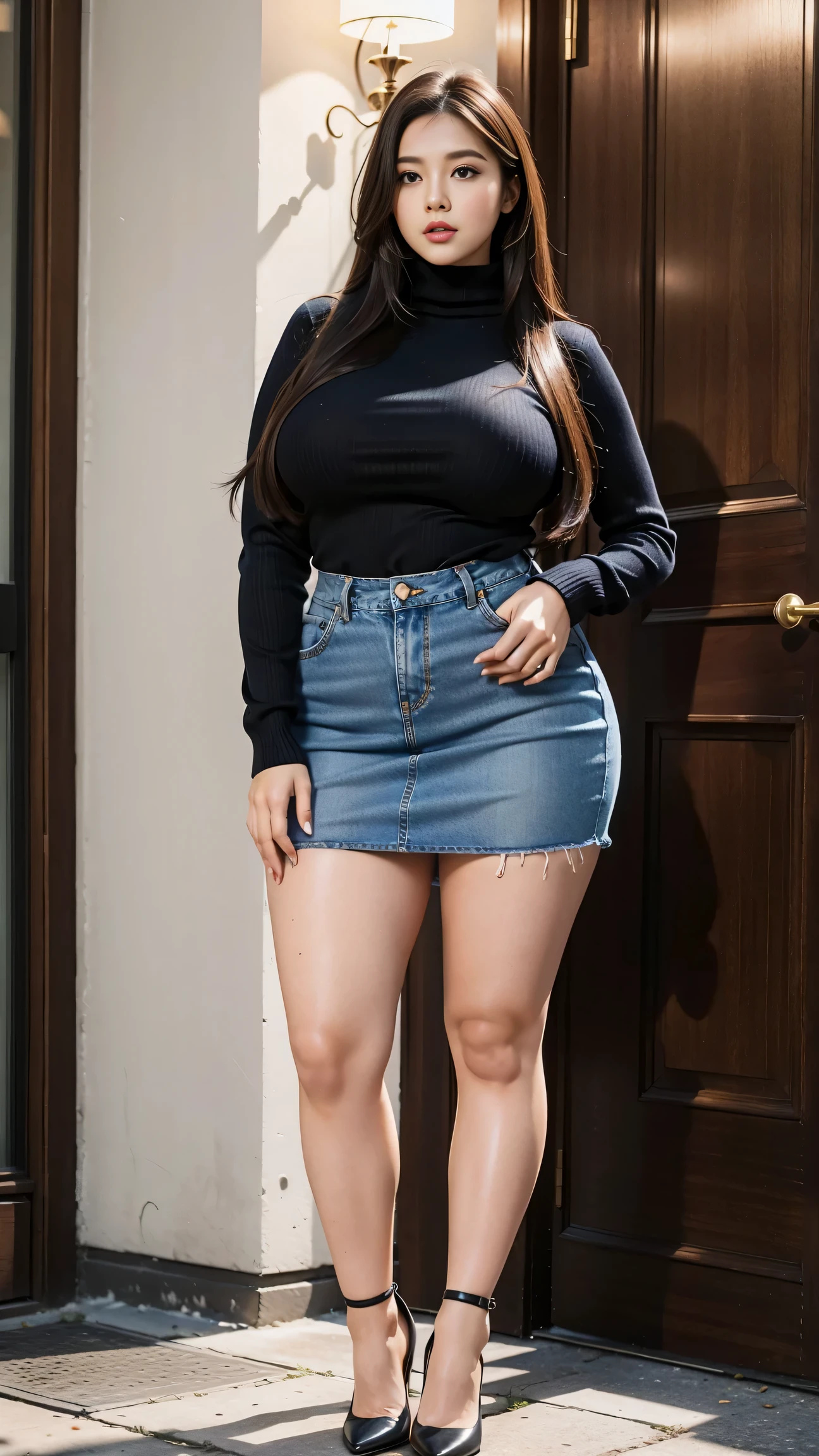 Full body shot of 1 beautiful woman, adult, large body, voluptuous woman, (very long straight hair),( brunette hair), outlined eyelids, made-up eyelids, turtleneck sweater, scarf, neckline, (blue mini denim skirt), tempting , dreaming, curvy hourglass figure, oppai proportion, tight skirt , tall, tall, long legs