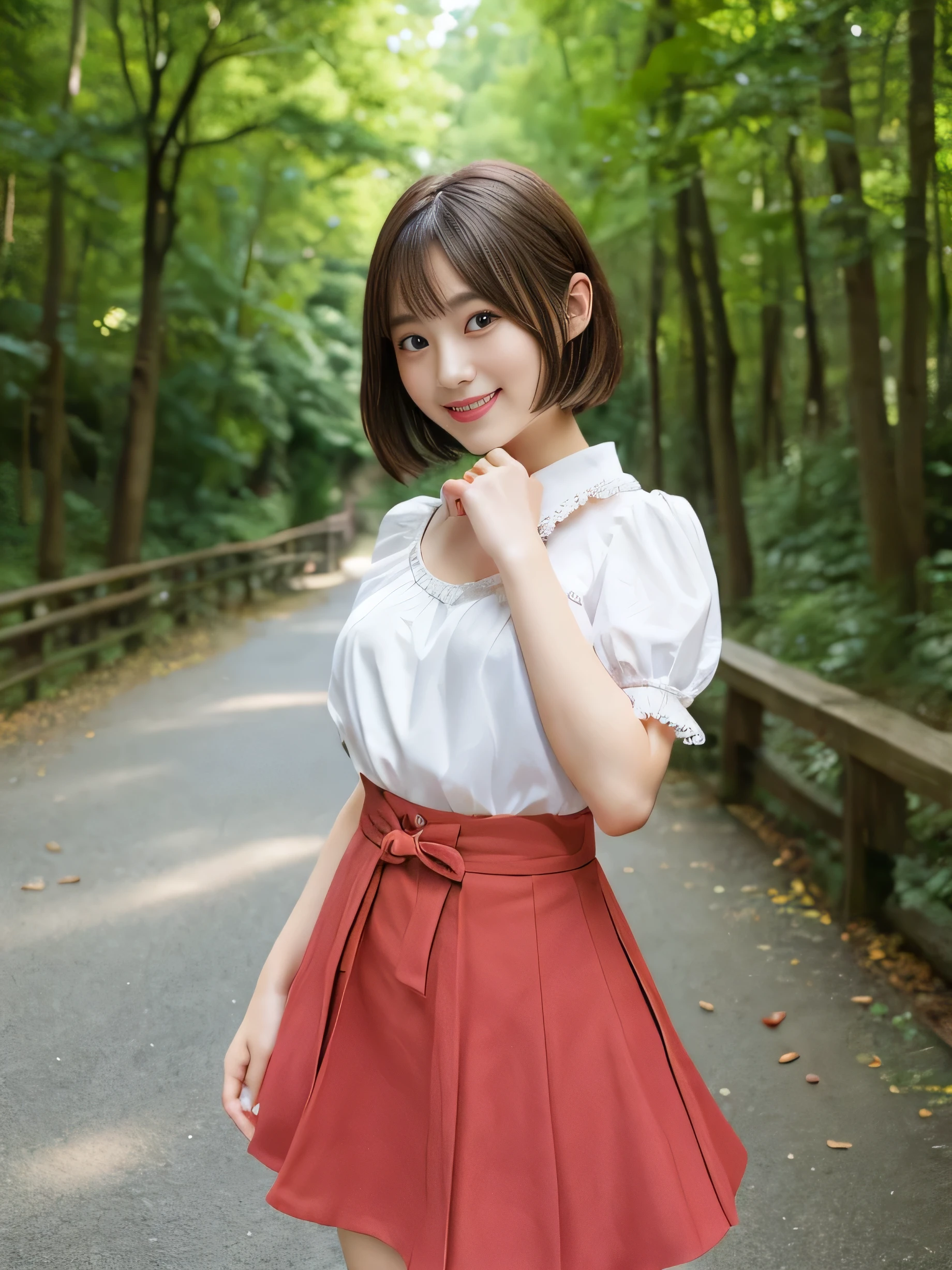 Realistic photo quality、20 year old Japanese model、Idol、Blur the background a lot、 One beautiful woman、Cute Smile、Frilled dresini skirt、looking at the camera、Hands, feet and beautiful face of a person、The whole body of the person、forest path、Coming towards me at a running pace、short hair、Brunette Hair、View the photographer