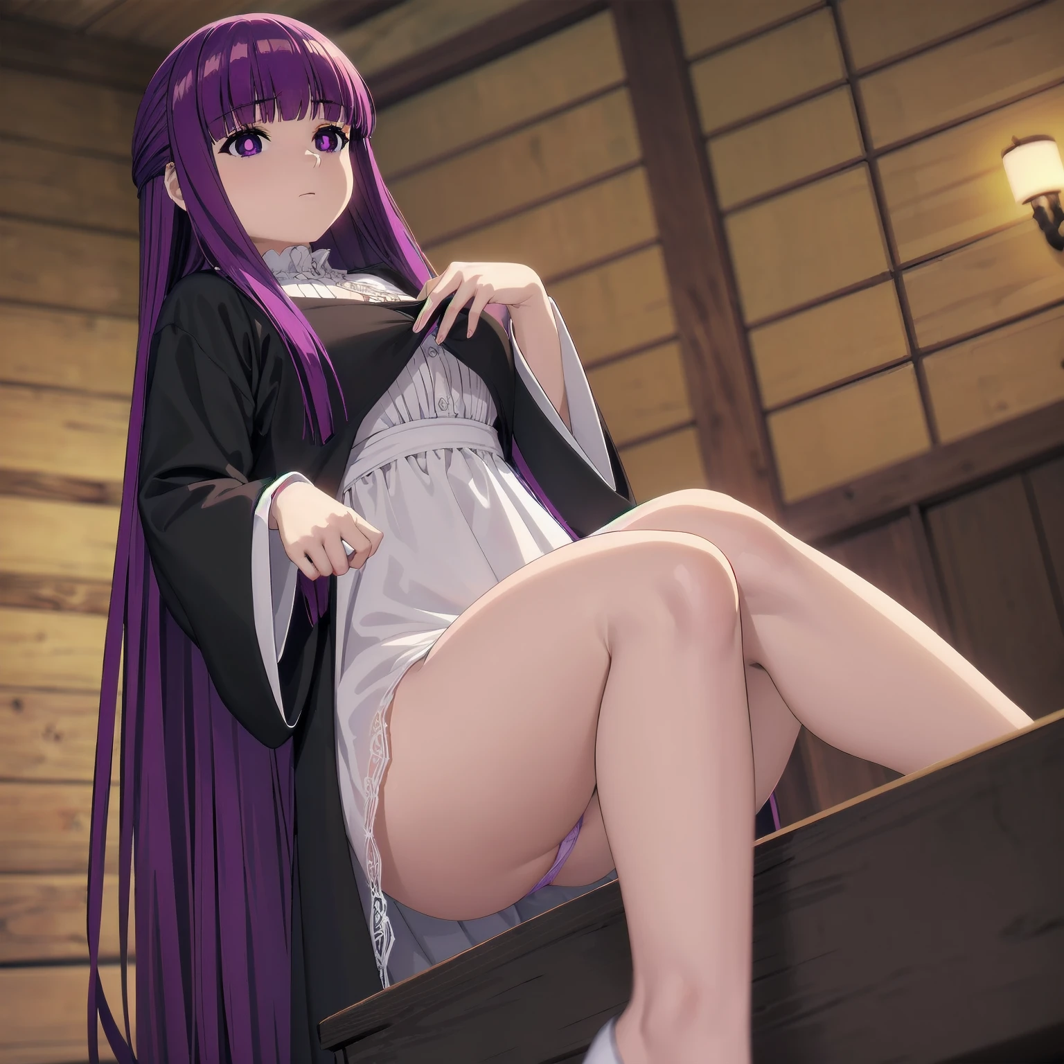 (((Pixel Perfect, Perfect detail))), ((alone, 1 girl)), fern, long hair, bangs, (purple eyes:1.1), purple hair, sidelocks, blunt bangs, (bright pupils:1.5), half updo, long sleeves, dress, white dress, long dress, robe, black robe,(showing panties :1.3), whole body, indoor