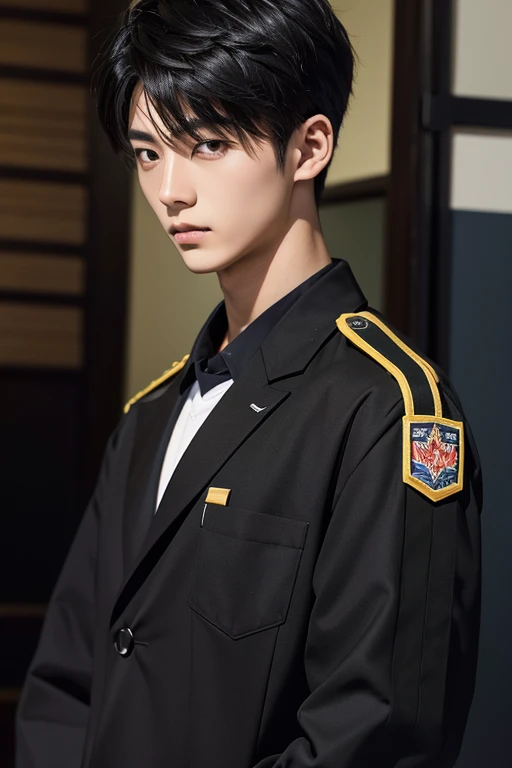 Japanese Male Model Cool 18 year old Short black hair slim and muscular intense Bright screen Close-up image whole body uniform