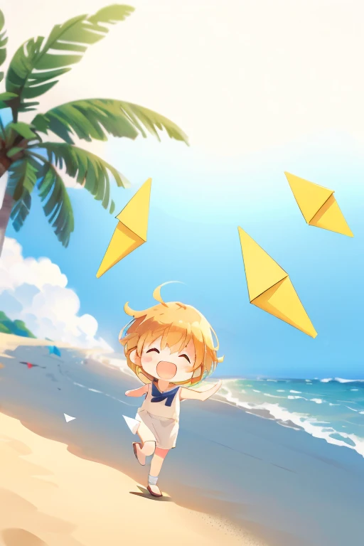 Small outdoor,Full body portrait,,((paper airplane)),Laugh happily,mini cute toddler、Shooting from the side、Strong bokeh、Sandy Beach