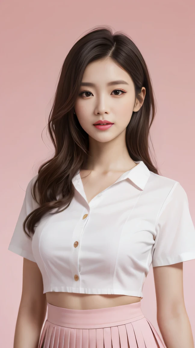 Generate with SFW, (1 girl:1.3), Cowboy Shot, Japanese, 17 year old supermodel, the body is slim, high school girl, (from before), (highest quality:1.4), 32k resolution, (Realistic:1.5), (Ultra-realistic:1.5), High resolution UHD, (masterpiece:1.2)), (Improvement of quality:1.4), (Very beautiful facial details), (Highest quality realistic skin texture:1.4), (Perfect Anatomy:1.2), (Are standing:1.37), ((school uniform)), (( White short sleeve blouse shirt:1.21)), Black pleated skirt, (Do not emphasize the top of the bust), ((pink background color:1.15)), Accurate Fingers, Very detailed, Symmetrical eyes, Fine eyelashes, Thinly trimmed eyebrows, View audience, Natural Makeup, [Pink lipstick], ((A good eye for quality:1.2)), (tired, Sleepy and satisfied:0.0), (Beautiful Lips:1.33), (Great nose:1.2), ((Physically Based Rendering of the Background:1.37)), (medium breast), Tight waist, (Heavy chest:1.05, slim lower body), Brown Hair, bangs, (natural wave hair :1.37), , Gentle light illuminates the face and body, Spectacular and inspiring cinema lighting, arms at sides, naughty smile, (black_bra visible through clothes:1.1),