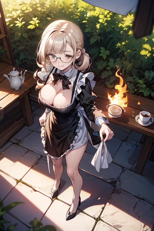 (best quality, masterpiece), (ultra high resolution, 8K RAW photo, photo realistics:1.5, textile shading, thin outline, clear focus:1.2), Beautuful Matured woman preparing tea-time in the garden, standing by the round table, (tea set, tea pot, tea cups, some cakes on dish), classy art deco style table, wearing light_brown maid uniform, breast cleavage, maid costume:1.2, long flare skirts, apron, bow ties on thechest, long tall sally, long legs, long white hair, (wearing thin-flame glasses:1.2), (milf:1.5, 28 years old, solo), (large breast, sagging breast, big tits, narrow waist), (medium short white hair, hair over one eye, (updo hair:1.2), side lock, asymmetric hair, wavy hair), (bright pupils, detailed eyes, high detailed face, Perfect face shape, eye rush), (seductitve smiling, half-closing eyes), (looking at viewers:1.3), (dynamic angle, full body, from above:1.2), ((correct anatomy:1.5, correct hands)), (ideal ratio of body proportions), (outdoor:1.2, grass field),