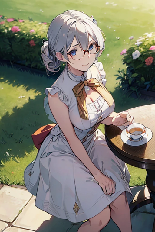 (best quality, masterpiece), (ultra high resolution, 8K RAW photo, photo realistics:1.5, textile shading, thin outline, clear focus:1.2), Beautuful Matured woman preparing tea-time in the garden, standing by the round table, (tea set, tea pot, tea cups, some cakes on dish), classy art deco style table, wearing light_brown maid uniform, breast cleavage, maid costume:1.2, long flare skirts, apron, bow ties on thechest, long tall sally, long legs, long white hair, (wearing thin-flame glasses:1.2), (milf:1.5, 28 years old, solo), (large breast, sagging breast, big tits, narrow waist), (medium short white hair, hair over one eye, (updo hair:1.2), side lock, asymmetric hair, wavy hair), (bright pupils, detailed eyes, high detailed face, Perfect face shape, eye rush), (seductitve smiling, half-closing eyes), (looking at viewers:1.3), (dynamic angle, full body, from above:1.2), ((correct anatomy:1.5, correct hands)), (ideal ratio of body proportions), (outdoor:1.2, grass field),

