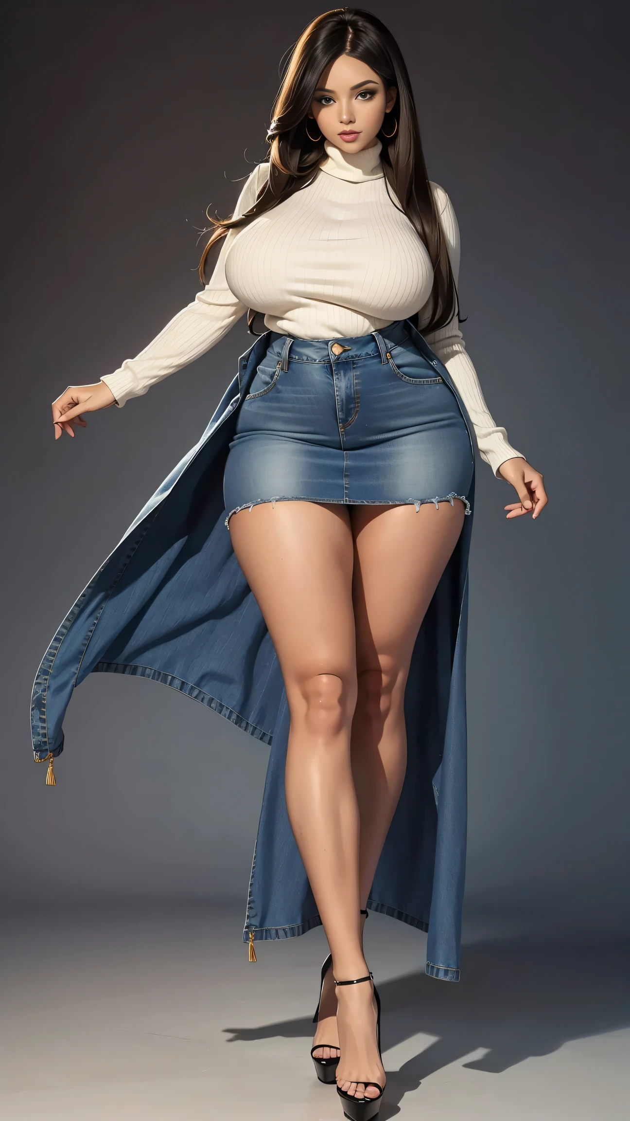 Full body shot of 1 beautiful woman, adult, large body, voluptuous woman, (very long straight hair),( brunette hair), outlined eyelids, made-up eyelids, turtleneck sweater, scarf, neckline, (blue mini denim skirt), tempting , dreaming, curvy hourglass figure, oppai proportion, tight skirt , tall, tall, long legs