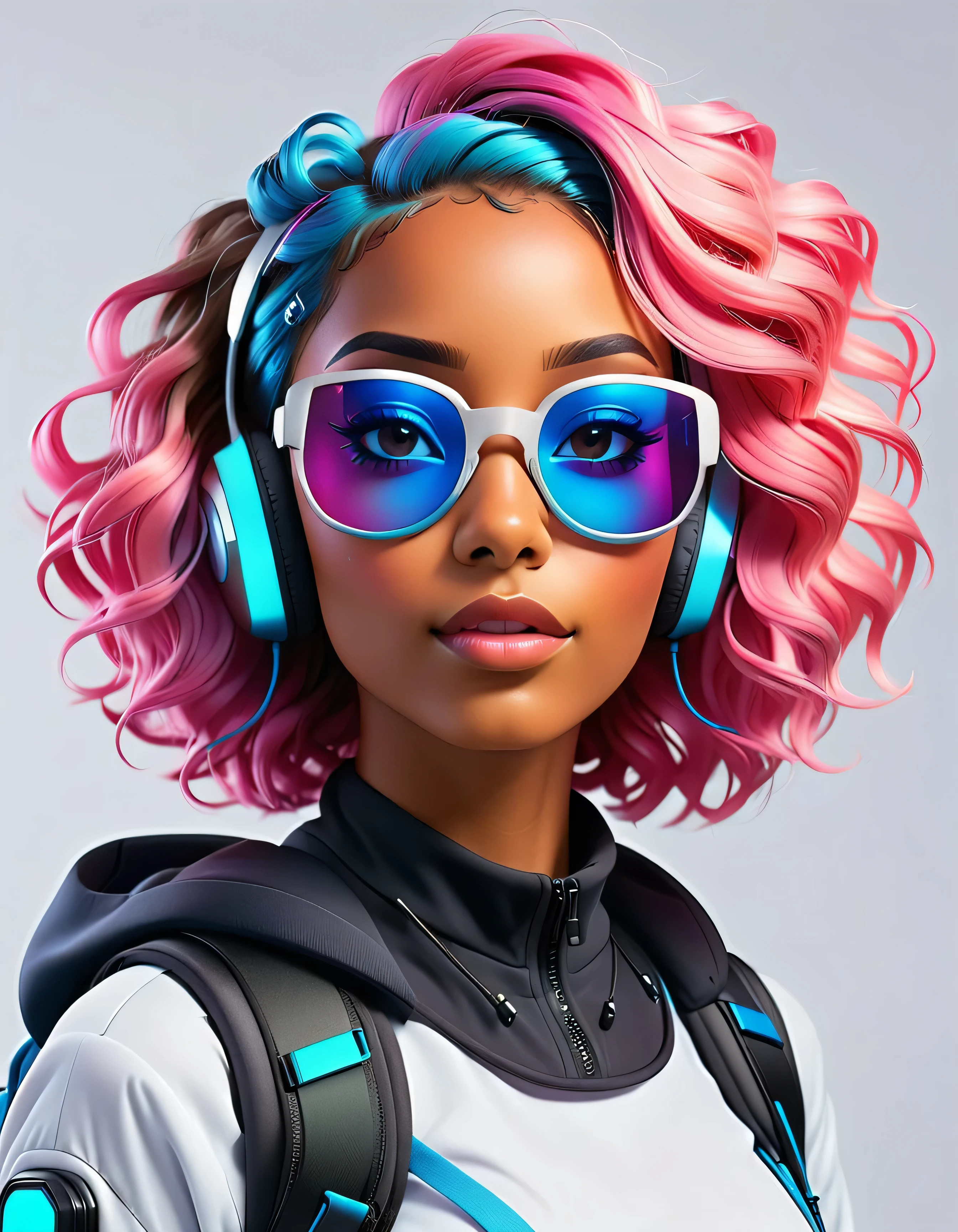 A beautiful young woman, with light brown skin, short and wavy pink and blue hair, with futuristic augmented reality neon glasses and a futuristic earphone bluethooth. She is wearing a travel backpack with chest strap. white background. Vibrant colors, cinematic image.