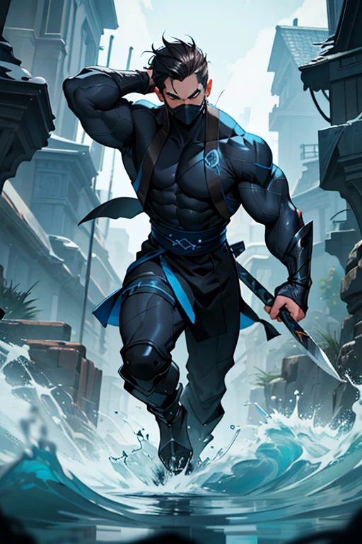 Description:
- The male ninja is clad in sleek and form-fitting black garb, designed for maximum agility and stealth.
- His outfit is adorned with swirling patterns of blue, reminiscent of flowing water and crashing waves.
- Across his chest, he wears a bandolier filled with small vials of water, each imbued with mystical energy and ready to be unleashed at a moment's notice.
- His face is obscured by a sleek black mask, leaving only his piercing eyes visible, their icy blue gaze betraying his mastery of water-based techniques.
- In his hands, he wields twin daggers with blades made of shimmering ice, their edges razor-sharp and capable of slicing through steel with ease.

Appearance:
- The ninja's physique is lean and muscular, honed through years of rigorous training and discipline.
- His skin is tanned and weather-beaten, with scars crisscrossing his body like the ripples on a pond.
- His eyes are sharp and alert, darting from shadow to shadow as he moves with silent grace and precision.
- His hair is worn short and cropped, with strands of dark hair peeking out from beneath his mask.
- Despite his stoic appearance, there is a sense of calm and serenity about him, as if he is at one with the flow of water and the rhythm of the tides.