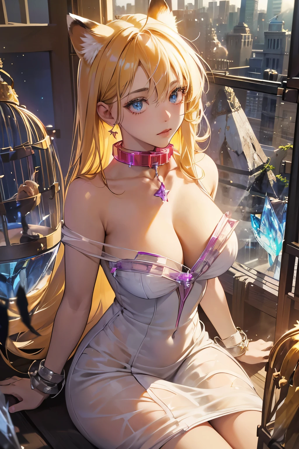 (absurdres, highres, ultra detailed),Masterpiece,intricate details,Best quality,8k,Realistic face,anime girl,Realistic skin texture,magnified textures, stunning clarity, ultra detailed eyes and faces, girl,tanned skin:1.1,short yellow hair,(suprise),cowboy shot,baby face,(Crystallized city:1.5) ,(science fiction),sitting,,look at viewer,(fox ears),(Chained by a collar:1.5),(she is in big cage:1.7),arms down,thin body type,cleavage