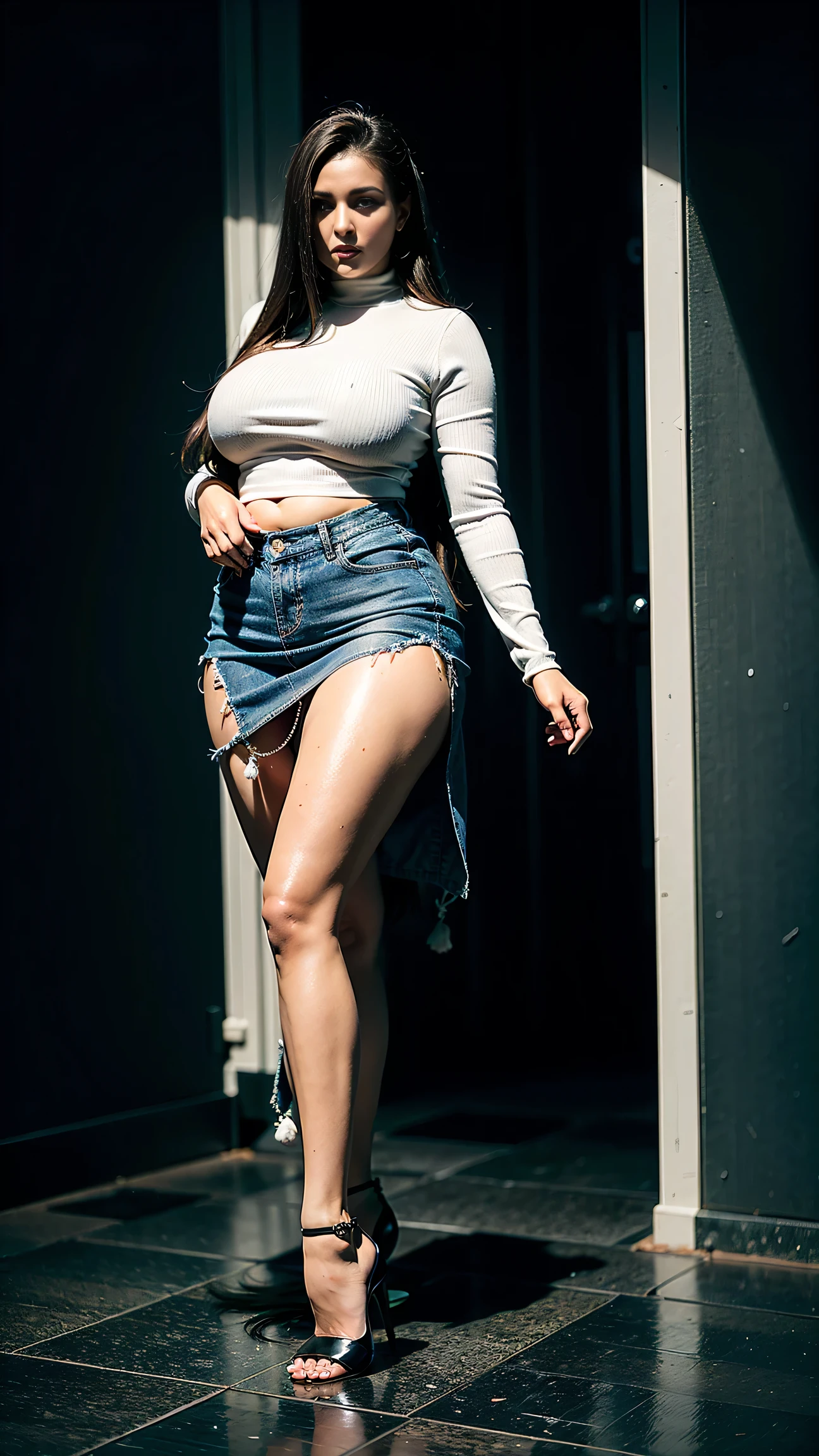 Full body shot of 1 beautiful woman, adult, large body, voluptuous woman, (very long straight hair),( brunette hair), outlined eyelids, made-up eyelids, turtleneck sweater, scarf, neckline, (blue mini denim skirt), tempting , dreaming, curvy hourglass figure, oppai proportion, tight skirt , tall, tall, long legs