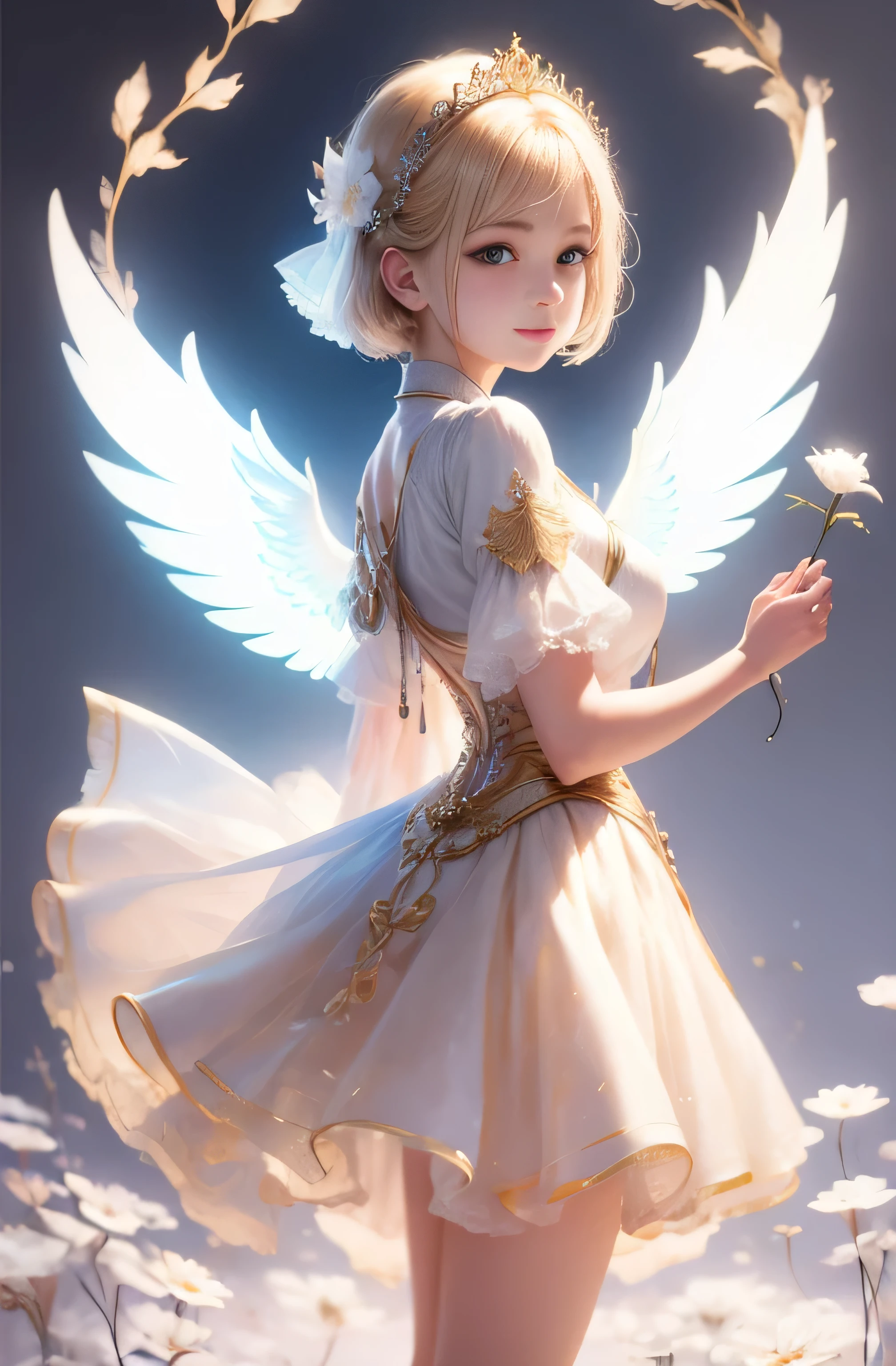 Greek warships、He has white angel wings on his back、8k、Real photo、Ultra-high resolution, Master Parts, highest quality, Ticker , Cinematic images,A lovely girl、Ann、、ann gross saxon、double eyelid、Droopy eyes、Very big eyes、eye shadow、 Very detailed , blonde、Straight Short Hair、 Sweet expression 、smile、Attractive appearance、、Thin lips ,beautiful long nose、Small nose tip、Very beautiful woman、long supple legs、 Very sharp shadows , jewelry , sexy , Fine grain, Very difficult, Glowing Skin , perfect brilliant ann, Perfect Sentence, Dramatic Shadows ,White tiara on head、white dress with gold embroidery、