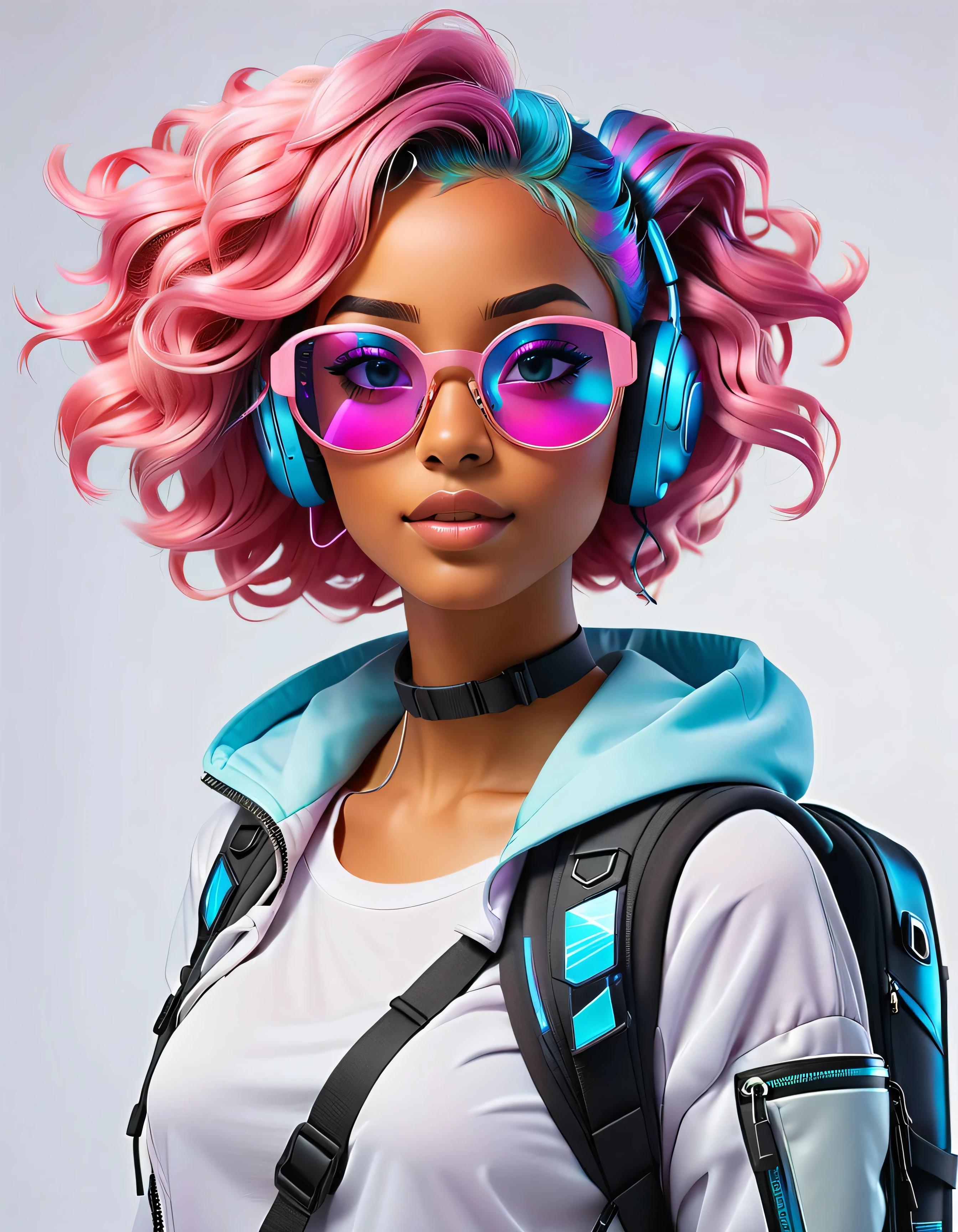 A beautiful young woman, with light brown skin, short and wavy pink and blue hair, with futuristic holographic neon glasses  and a futuristic earphone bluethooth. She is wearing a travel backpack with chest strap, in the strap the word "Pass". white background. Vibrant colors, cinematic image.