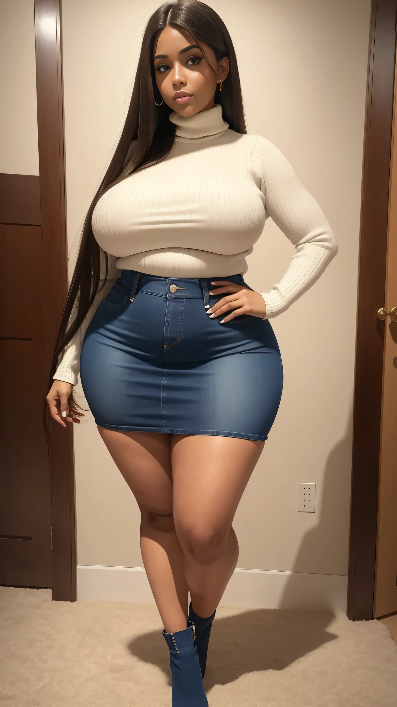 Full body shot of 1 beautiful woman, adult, large body, voluptuous woman, (very long straight hair),( brunette hair), outlined eyelids, made-up eyelids, turtleneck sweater, scarf, neckline, (blue mini denim skirt), tempting , dreaming, curvy hourglass figure, oppai proportion, tight skirt , tall, tall, long legs