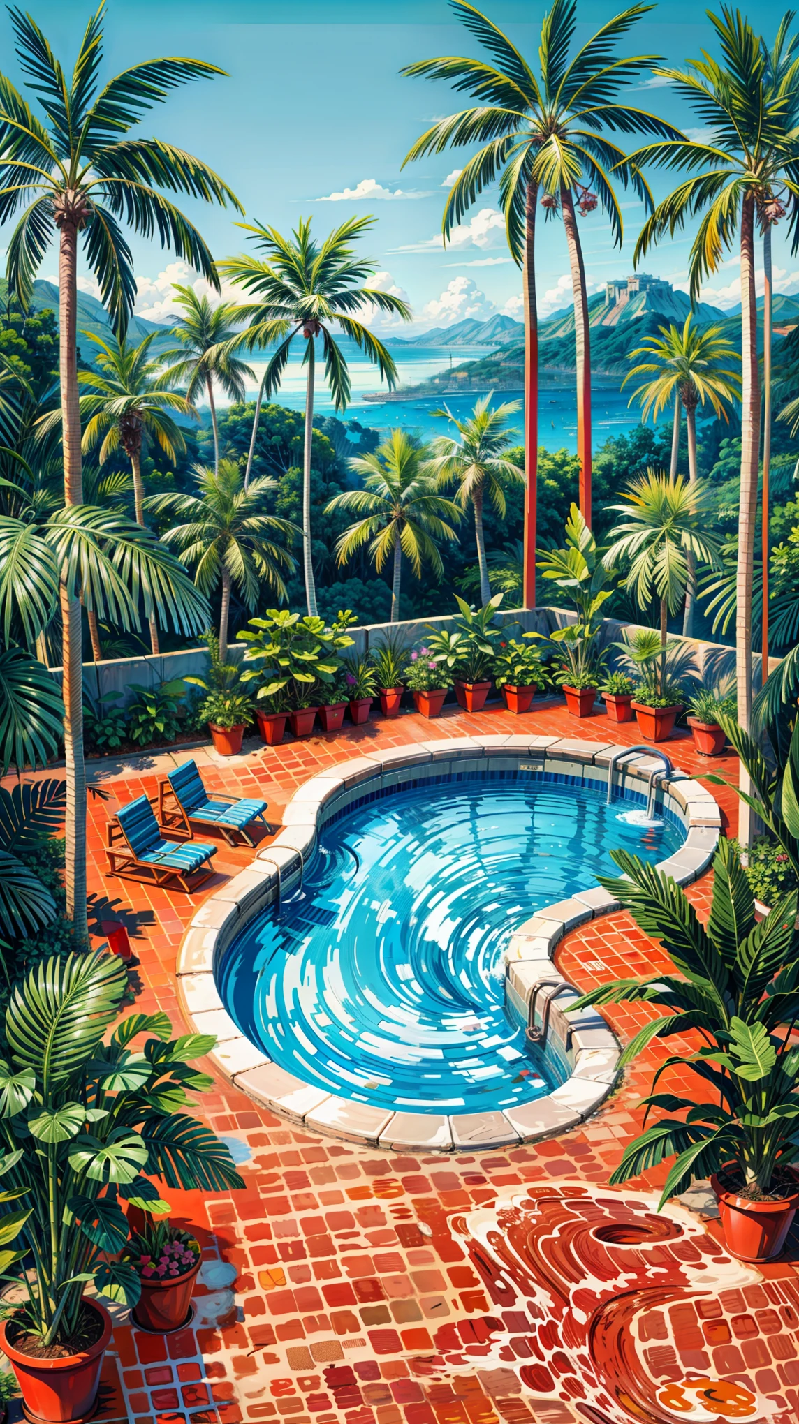 a painting of a swimming pool surrounded by palm trees, by Howard Arkley, by Hiroshi Nagai, by Edward Okuń, by John Wonnacott, by David Hockney, tropicalism, very detailed paradise, tropical setting, shusei nagaoka, hot and sunny highly-detailed, inspired by Howard Arkley, by Bob Thompson, tropical pool,  4k hd, beautiful art uhd 4 k, a beautiful artwork illustration, beautiful digital painting, highly detailed digital painting, beautiful digital artwork, detailed painting 4 k, very detailed digital painting, rich picturesque colors, gorgeous digital painting