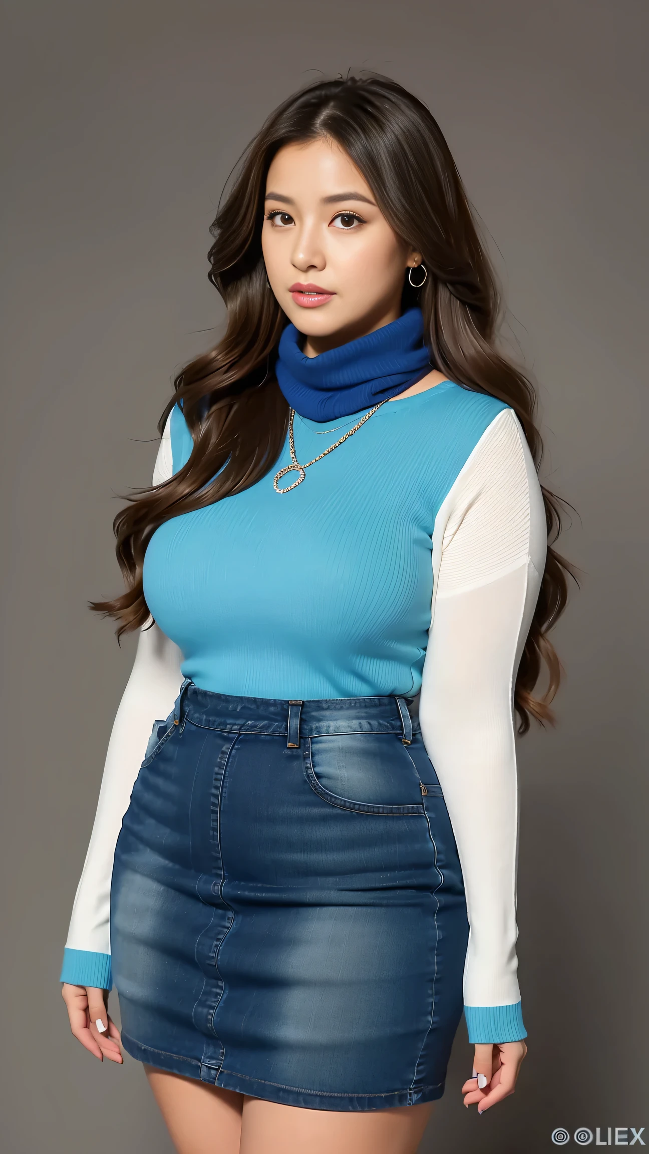 Full body shot of 1 beautiful woman, adult, large body, voluptuous woman, (very long straight hair),( brunette hair), outlined eyelids, made-up eyelids, turtleneck sweater, scarf, neckline, (blue mini denim skirt), tempting , dreaming, curvy hourglass figure, oppai proportion, tight skirt , tall, tall, long legs