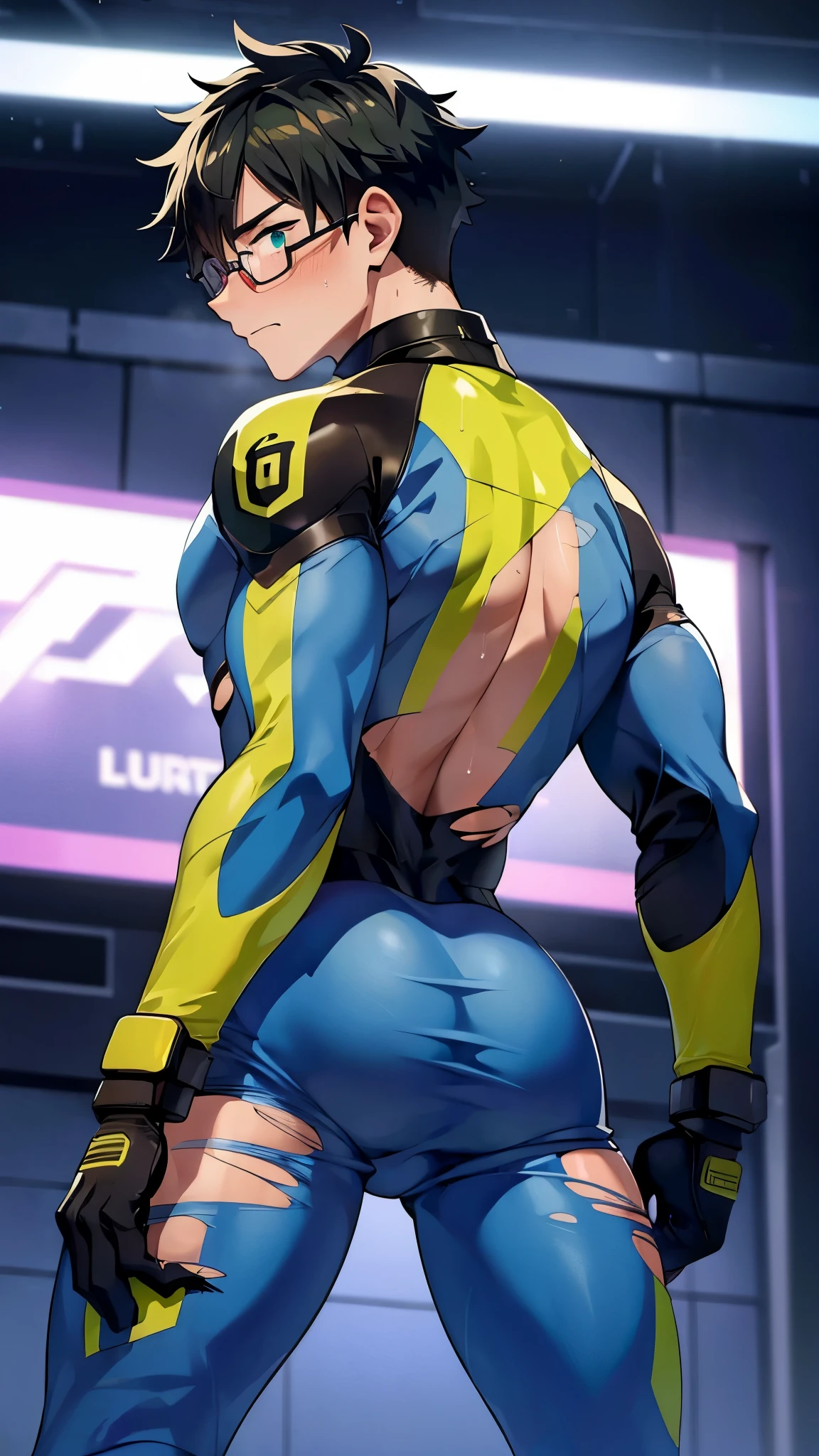 (best quality:1.3), (ultra detailed:1.3), (absolutely resolution:1.3), one boy, Seventeen, (Fierce face:0.8), Black Hair, Short Hair, Dark blue eyes, (green:1.4), (yellow:1.3), (Tight bodysuit:1.2), Sci-fi hero suit, green, yellow, Toned Muscles, (Big Ass:1.3), (Tan Skin:0.9), gloves, boots, (Glasses:1.2), (Heavy Armor:0.8), BREAK (torn back:1.7), (torn hip:1.6), (torn ass:1.6), BREAK (Feeling defeated:1.4), (blush:1.3), (sweating:1.4), Grit your teeth, BREAK (looking back:1.2), From the waist up, (Buttocks close-up from below:1.2), looking at the camera, BREAK (Anime Style:1.3), Futuristic Background, (Cyber Stadium:1.3), nsfw,