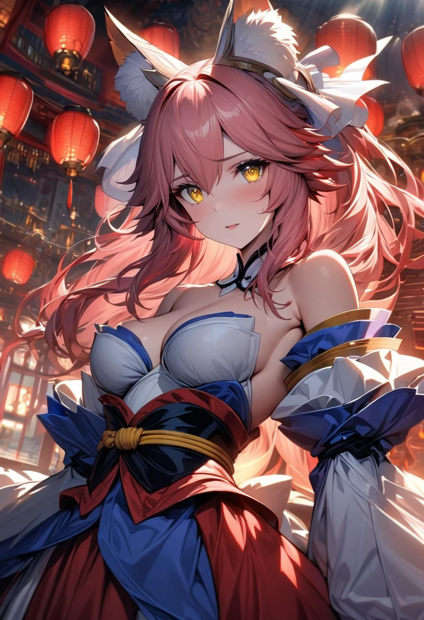 absurdres, highres, ultra detailed, HDR, masterpiece, extremely detailed face and eyes, beautiful eyes, amazing detailed eyes, extremely detailed features, Tamamo No Mae, expressive yellow eyes, pink hair, Fate Extra, solo, girl, extremely beautiful, pretty, fantasy world, red roses, red curtains, shining red lanterns, chandelier, sky, moon, fantasy white princess clothes, pink cape, patterns