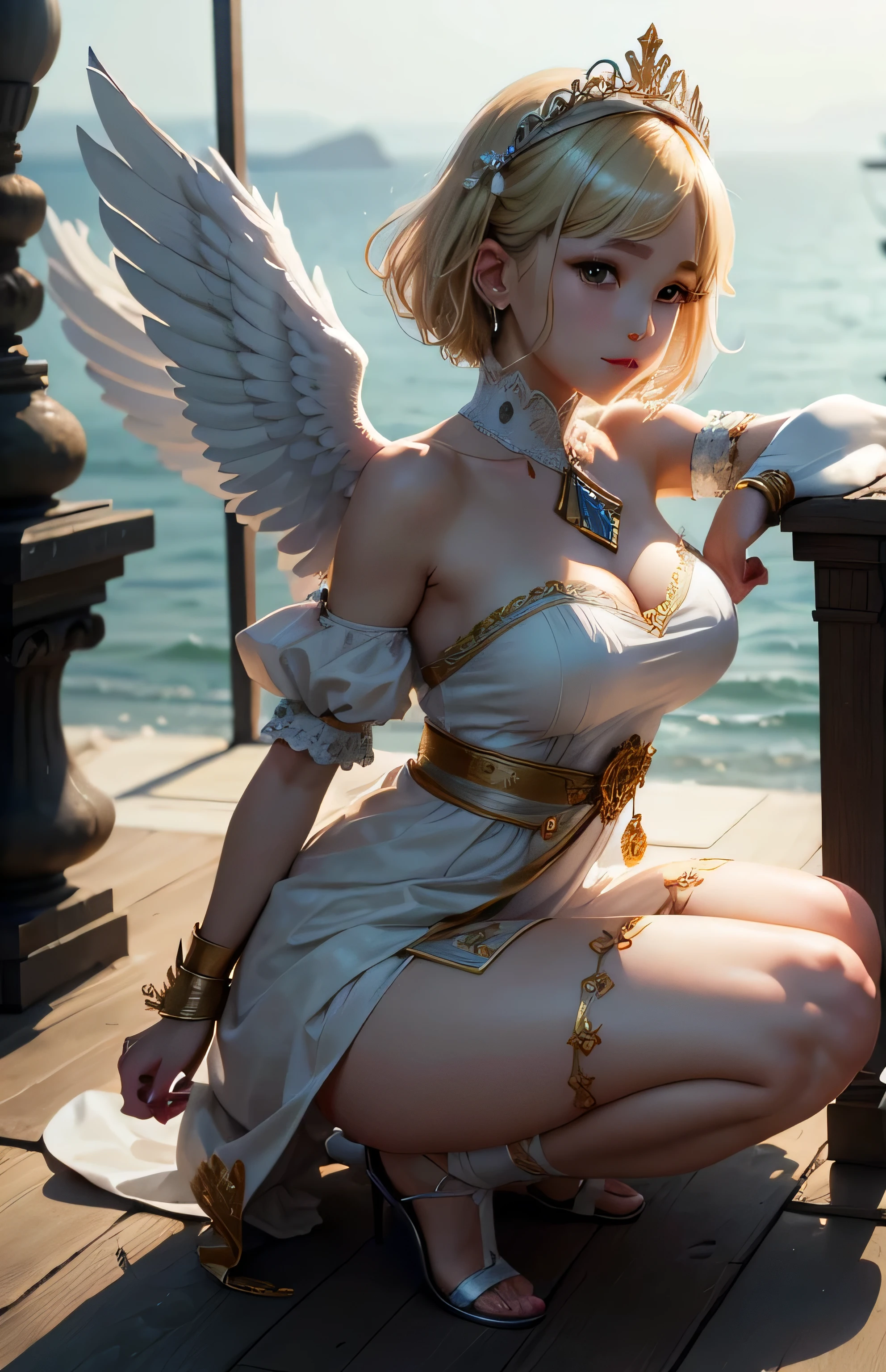 (best quality,8k:1.2,high resolution:1.2),epic cinematic image,glorious appearance,ultra-detalhado,Realistic,vintage godess angel female,rosto extremamente detalhados,long eyelashes,big angel wings,suntan tights,metalic accessories,Physically-based rendering,sharp focus,natural lighting,nude,big ass and tits, golden hair