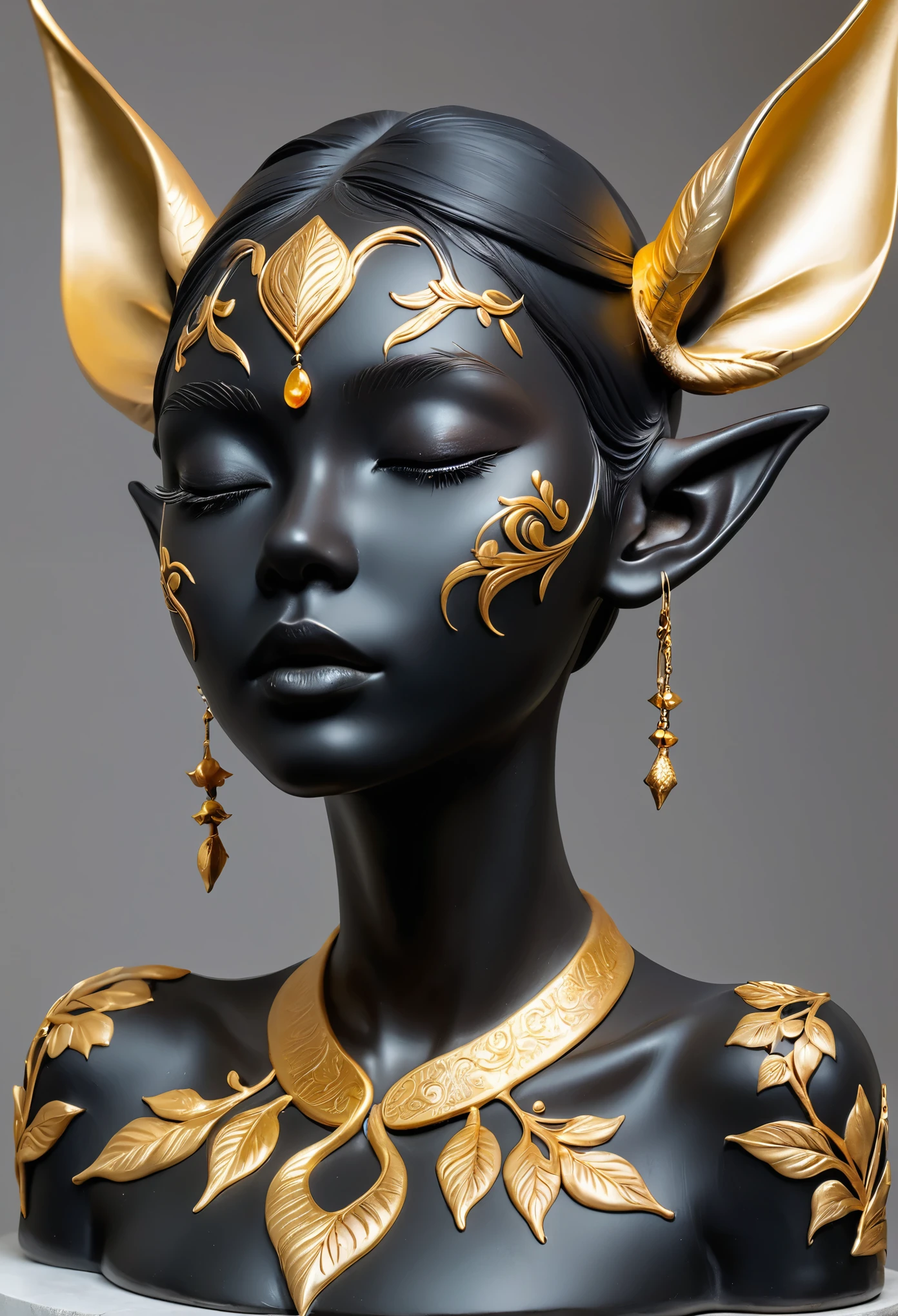 Beautifully decorated，Artistic ornaments，crafts，3D Sculpture，Black clay statue，Rough surface，Graininess，grace，Elf ears，Artistic beauty，Tracing gold，Metal Tattoo，Gold，Golden powder，Artistic Creativity：1.37