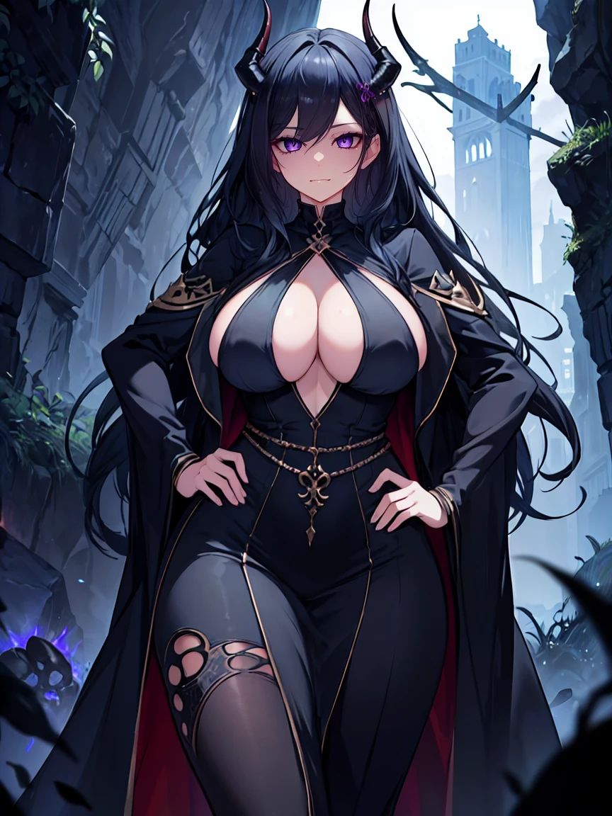(Uhd, Masterpiece, Textured Skin, Super Detail, High Details, High Quality, Best Quality), Detailed Face, 1woman, mature pretty woman, ((wide hips, thick thighs)), ((Long Dark Blue eyes hair)), ((Black Sexy Rpg dress), (Pants), (Spider, Web, Silk), (Oni Horns), (standing, inside a dark cave full of cobwebs), (Hands On hips), (giant spiders behind)