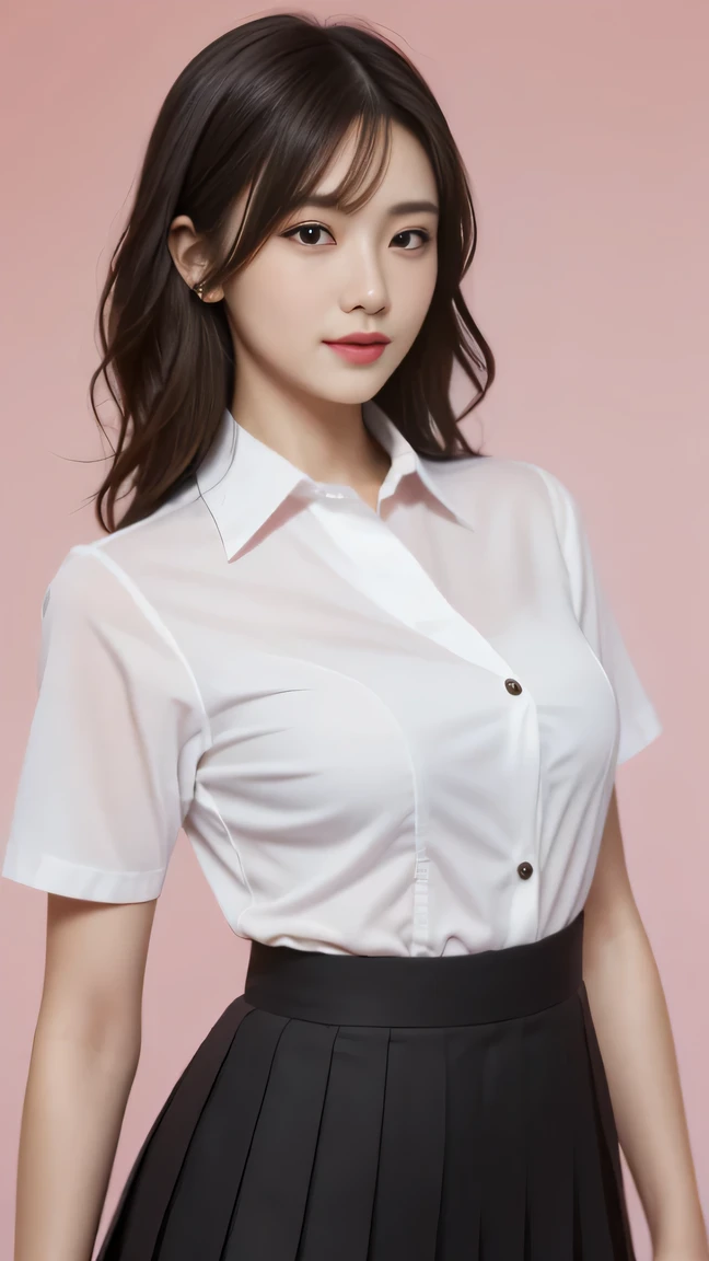 Generate with SFW, (1 girl:1.3), Cowboy Shot, Japanese,  old supermodel, the body is slim, high school girl, (from before), (highest quality:1.4), 32k resolution, (Realistic:1.5), (Ultra-realistic:1.5), High resolution UHD, (masterpiece:1.2)), (Improvement of quality:1.4), (Very beautiful facial details), (Highest quality realistic skin texture:1.4), (Perfect Anatomy:1.2), (Are standing:1.37), ((school uniform)), (( White short sleeve blouse shirt:1.21)), ((Black pleated skirt)), (Do not emphasize the top of the bust), ((pink background color:1.15)), Accurate Fingers, Very detailed, Symmetrical eyes, Fine eyelashes, Thinly trimmed eyebrows, View audience, Natural Makeup, [Pink lipstick], ((A good eye for quality:1.2)), (tired, Sleepy and satisfied:0.0), (Beautiful Lips:1.33), (Great nose:1.2), ((Physically Based Rendering of the Background:1.37)), (medium breast), Tight waist, (Heavy chest:1.05, slim lower body), Brown Hair, bangs, (natural wave hair :1.37), , Gentle light illuminates the face and body, Spectacular and inspiring cinema lighting, arms at sides, naughty smile, (black_bra visible through clothes:1.1),