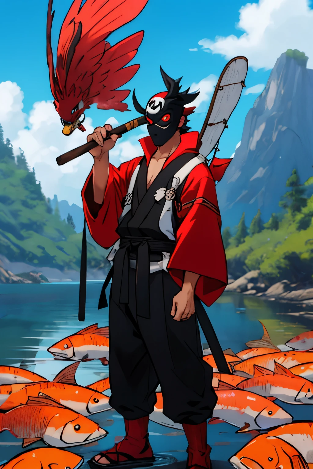 Fisherman outfit with tengu mask