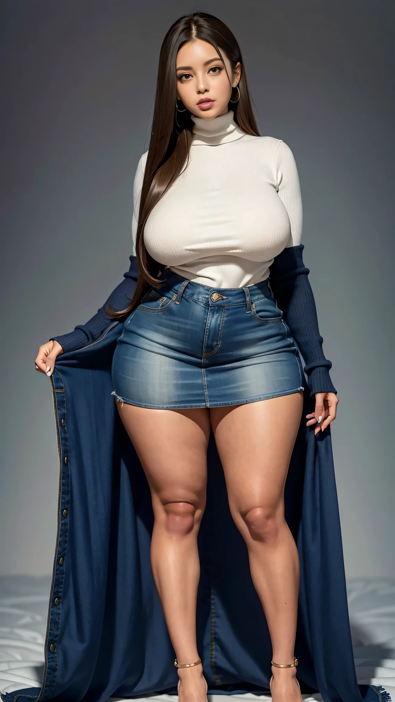Full body shot of 1 beautiful woman, adult, large body, voluptuous woman, (very long straight hair),( brunette hair), outlined eyelids, made-up eyelids, turtleneck sweater, scarf, neckline, (blue mini denim skirt), tempting , dreaming, curvy hourglass figure, oppai proportion, tight skirt , tall, tall, long legs