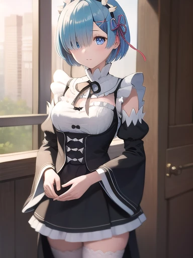 rezerorem, rem, blue eyes, blue hair, hair ornament, hair over one eye, hair ribbon, short hair, x hair ornament,
BREAK apron, black ribbon, black skirt, black sleeves, detached collar, detached sleeves, flower, frilled apron, frilled skirt, frills, head wreath, long sleeves, maid, miniskirt, neck ribbon, purple ribbon, ribbon, ribbon trim, ribbon-trimmed sleeves, roswaal mansion maid uniform, short hair, skirt, thighhighs, waist apron, white apron, white thighhighs,
BREAK outdoors, city,
BREAK looking at viewer,
BREAK (masterpiece:1.2), best quality, high resolution, unity 8k wallpaper, (illustration:0.8), (beautiful detailed eyes:1.6), extremely detailed face, perfect lighting, extremely detailed CG, (perfect hands, perfect anatomy),