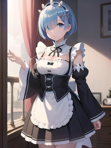 rezerorem, rem, blue eyes, blue hair, hair ornament, hair over one eye, hair ribbon, short hair, x hair ornament,
BREAK apron, black ribbon, black skirt, black sleeves, detached collar, detached sleeves, flower, frilled apron, frilled skirt, frills, head wreath, long sleeves, maid, miniskirt, neck ribbon, purple ribbon, ribbon, ribbon trim, ribbon-trimmed sleeves, roswaal mansion maid uniform, short hair, skirt, thighhighs, waist apron, white apron, white thighhighs,
BREAK outdoors, city,
BREAK looking at viewer,
BREAK (masterpiece:1.2), best quality, high resolution, unity 8k wallpaper, (illustration:0.8), (beautiful detailed eyes:1.6), extremely detailed face, perfect lighting, extremely detailed CG, (perfect hands, perfect anatomy),