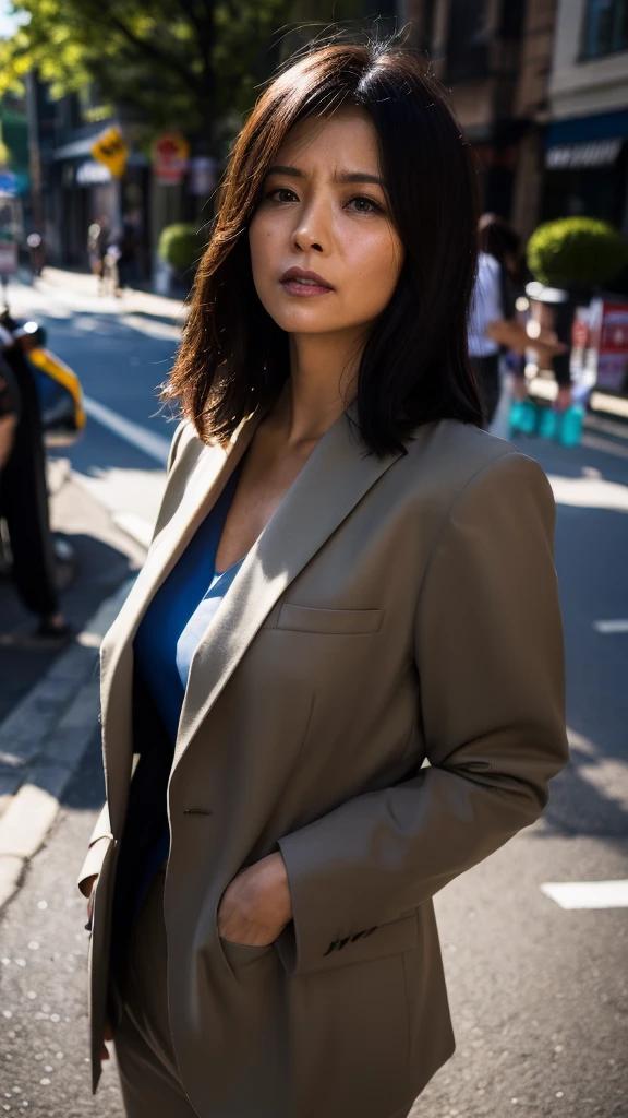 NSFW, ((highest quality)), ((8K)), ((masterpiece:1.3)), (perfect look), (photorealism:1.6), (1 woman in suit standing on the sidewalk), japanese woman, 47 years old, ((Realistic skin texture)), (Fine wrinkles throughout the skin: 1.3), (Dull skin: 1.1), (Skin without moisture: 1.2) , (Wrinkles on the face: 0.9), (Wrinkles on the corners of the eyes: 1.2), short bangs, Double eyelids, tear bags on the lower eyelids, (Crying moles: 0.9), The eyes are looking here, serious gaze, (Dimples: 1.2), cityscape, day, sunny morning, professional lighting, photon mapping, radiosity, torn, shirt, woman in suit, silk suit, (whole body: 1.4),