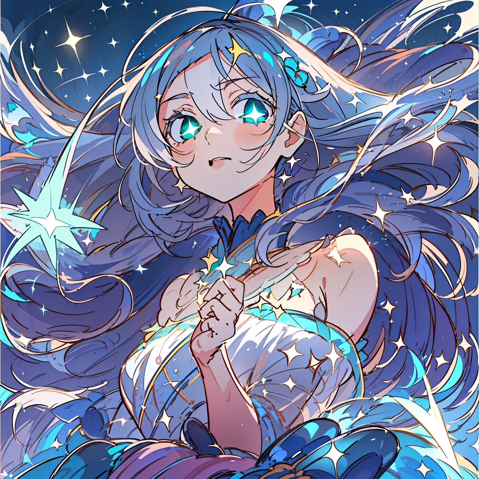 gacha woman with grey hair, beautiful teal eyes,((Gorgeous starry sky background)), ((gacha splash art)) ((Ultra-detailed)), ((Best Illustration)), ((Cinematic lighting)), Dynamic Angle, floating, Finely detailed, (glitters:1.2), (spark of light:1.2), (shine:1.2), Classic, (Painting:1.1), (sketch:1.1), (Best Quality), (masutepiece:1.2), (Anime style), (Solo), beautifull detailed face, (Cute face:1.3), (Big eyes:1.3), Colorful hair, (Long hair:1.2), (Floating hair:1.2), (Magical Girl Costume), delicate clothes, (magical effect:1.3), (flowing skirt:1.2), (Cute boots:1.1), (Transparent fabric:1.5), (Twinkle:1.2), (Glow:1.2), (brilliance:1.2), (flicker:1.2), (glare:1.2)