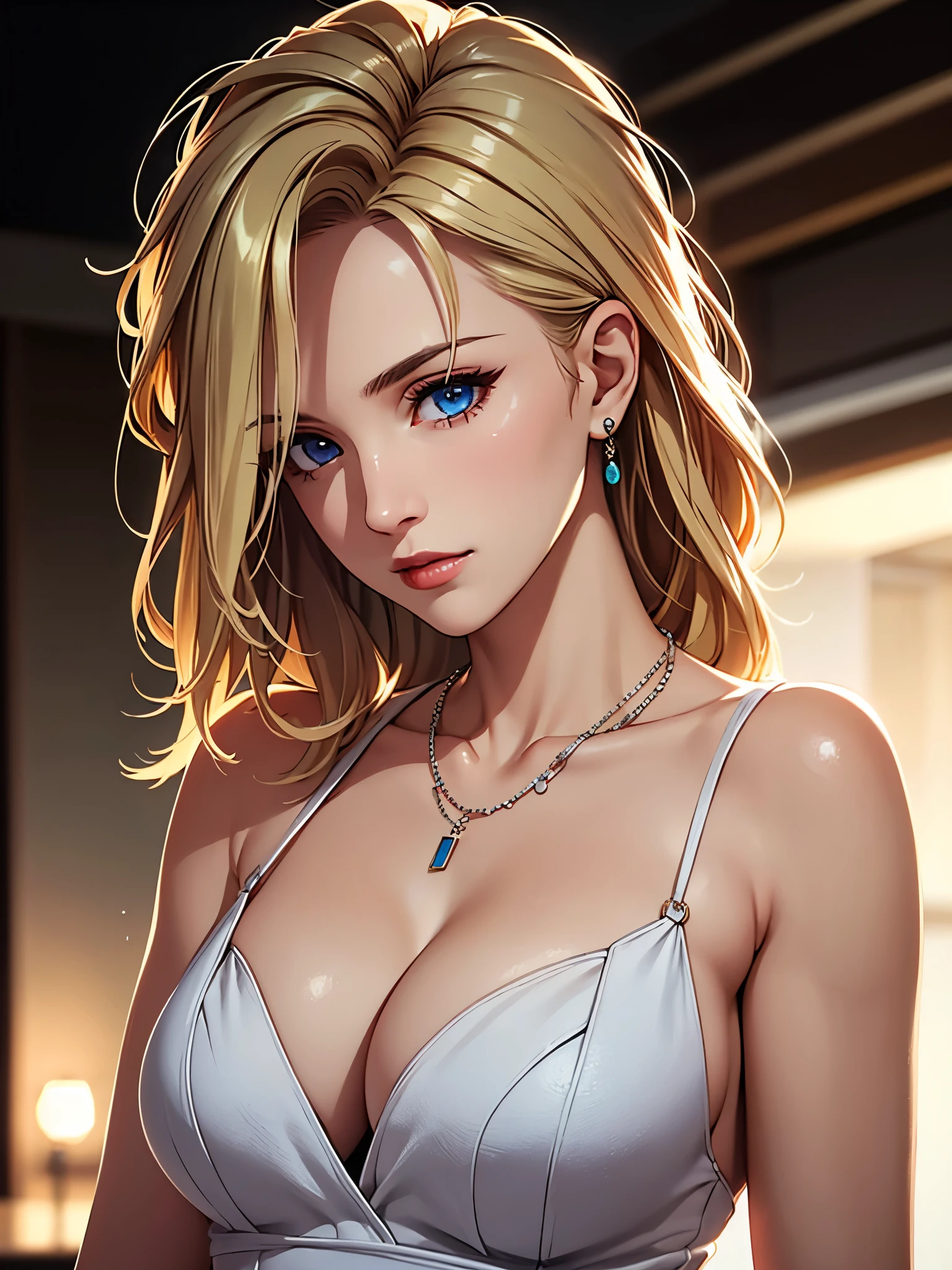 best quality, masterpiece, high resolution, A girl, blond, Blue eyes, fashion clothing, necklace, jewelry, Pretty Face, Perfect breasts, more than_Body, Tyndall effect, lifelike, Dark Studio, Side lighting, Two-color lighting, (HD Skin:1.2), 8k Ultra HD, SLR camera, Soft Light, high quality, Volumetric Lighting, frank, photography, high resolution, 4K, 8k, Bokeh,