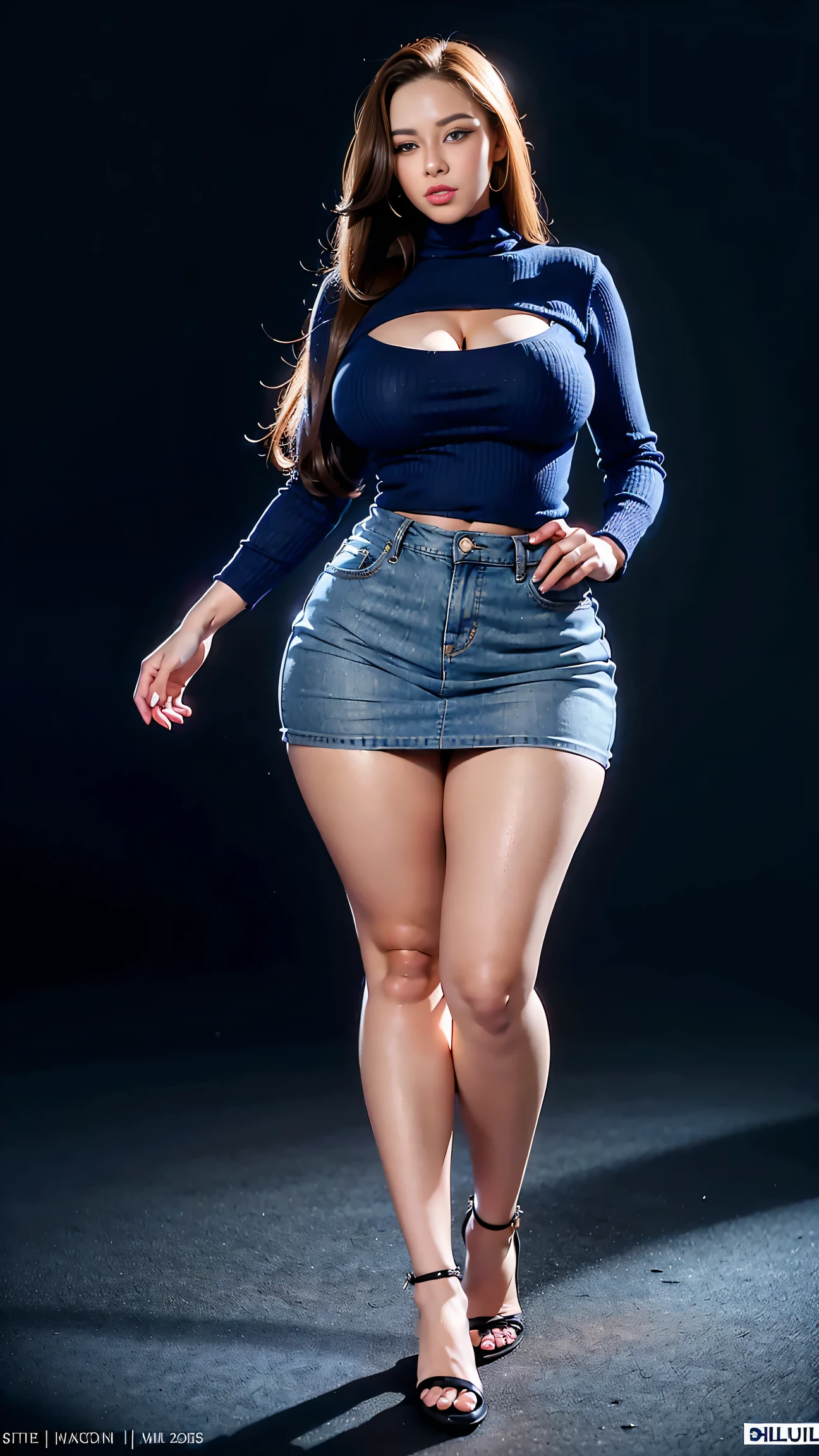 Full body shot of 1 beautiful woman, adult, large body, voluptuous woman, (very long straight hair),( brunette hair), outlined eyelids, made-up eyelids,  turtleneck sweater,  scarf, neckline, (blue mini denim skirt),  tempting , dreaming, curvy hourglass figure, oppai proportion, tight skirt , tall, tall, long legs