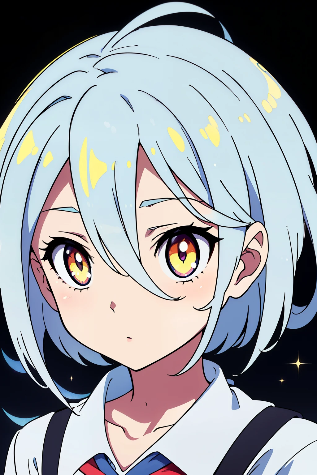 (high-quality, breathtaking),(expressive eyes, perfect face) 1 girl, female, solo, , age 7,  blue color hair, yellow highlight in hair, celestial skin, white celestial skin body, white cosmic body, colored skin, golden yellow eye color, short hair length, fluffy hair, white short sleeved shirt, Symmetrical Eyes, childlike face, portrait, positive expression, grey background, hairstyle Ryuko Matoi, height 4", narrow eyes, really short hair
