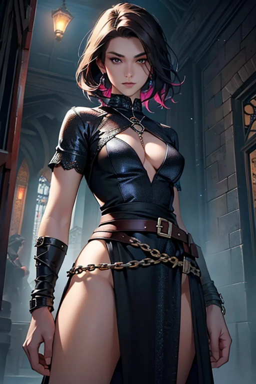 (best quality:1.2, realistic, vivid colors),dark hair,short and neatly arranged hair,dark aura,mysterious,elegant,dangerous,adjustable chainmail dress,daggers hanging from the belt