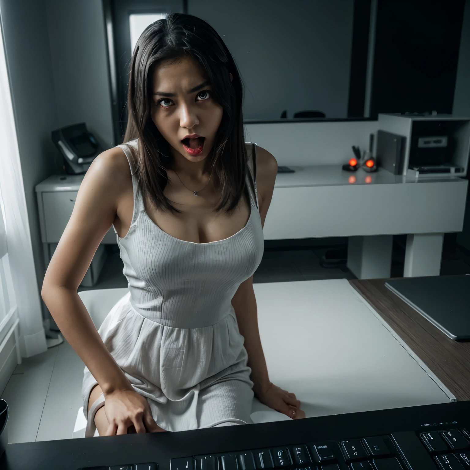 Special Angel Nasse、Typing on the keyboard、Shining angel halo、Short gray hair、White dress、sit at the desk、Scary face、rage、View PC、Red eyes、Open your mouth、Dark Room、cute