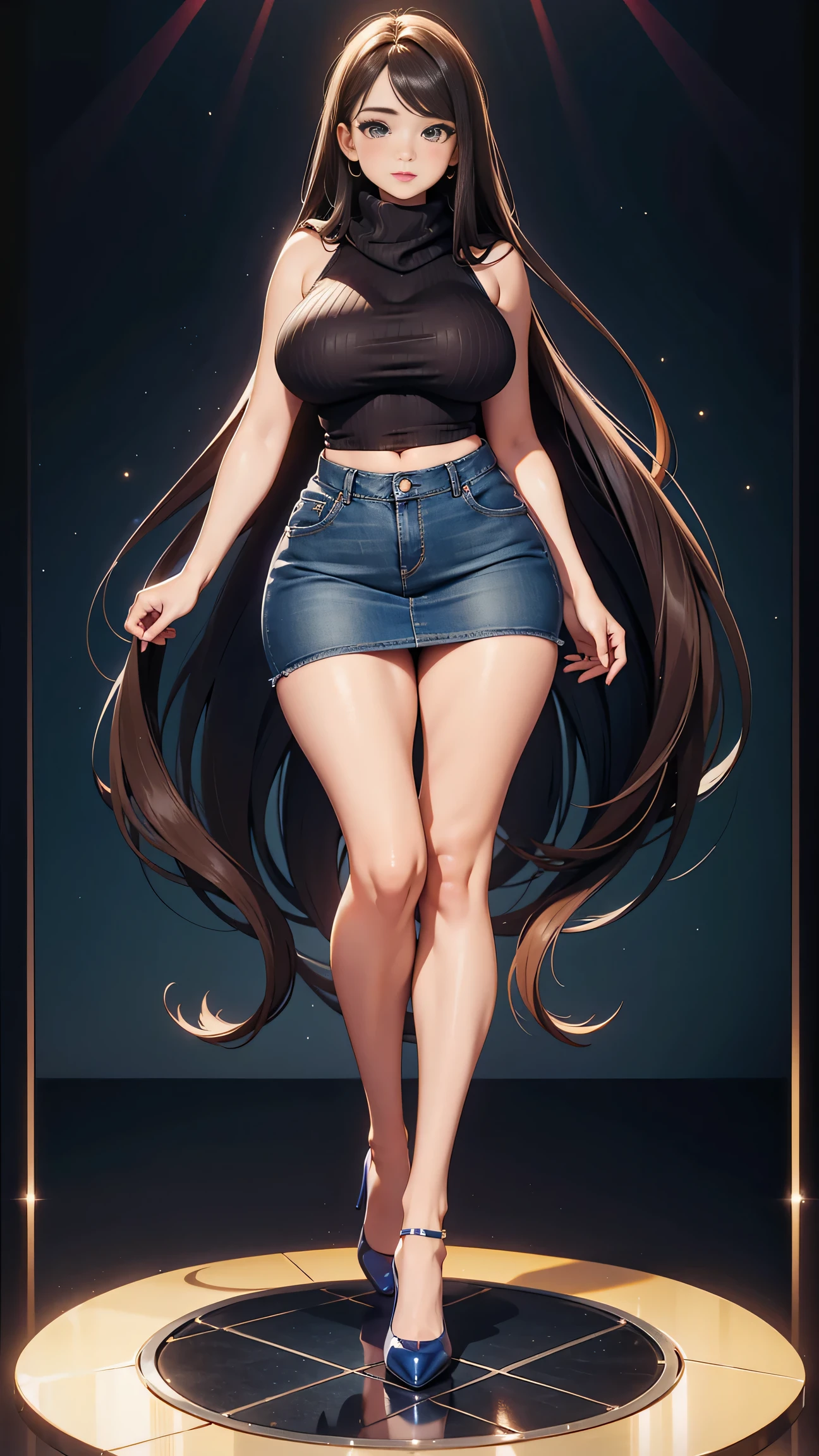 Full body shot of 1 beautiful woman, adult, large body, voluptuous woman, (very long straight hair),( brunette hair), outlined eyelids, made-up eyelids, turtleneck sweater, scarf, neckline, (blue mini denim skirt), tempting , dreaming, curvy hourglass figure, oppai proportion, tight skirt , tall, tall, long legs