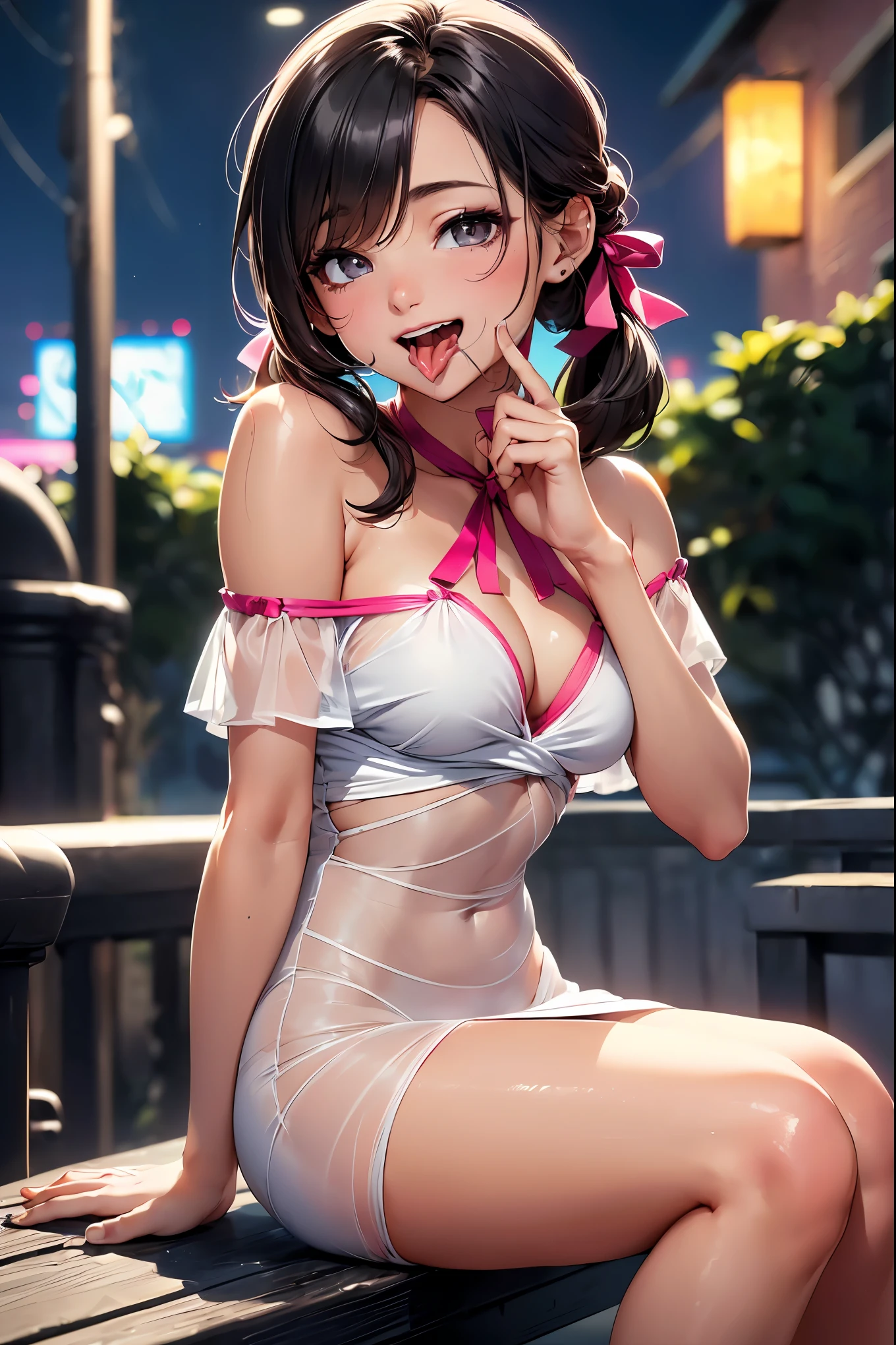 NSFW, (8k, RAW photo, 最high quality, masterpiece:1.2), High-definition RAW color photo, Professional photo shoot, cinematic light, alone, (((young woman))), (detailed expression), (small face), (high detail skin:1.2), clavicle, cute face, beautiful appearance, long eyelashes, (black hair, Twin tails in a high position, gray eyes), ((pink ribbon)), attractive big breasts, (slim body shape:1.4, A woman with a slender figure and big breasts), very detailed face and skin texture, fine eyes, double eyelid, (((open your mouth and laugh:1.5))), ((one eye is hidden:1.2)), ((cross your legs:1.5, photo shootのためポーズをとる, sexy pose, standing position)), (at night:1.5), Joy and excitement, sweating:1.37, ((sexy shot, transparent dress, see-through off-shoulder dress, white bikini, seductive thighs)), neon:1.5, beautiful skin, shiny skin, perfect fingers, five fingers, anatomically correct, background bokeh, high quality, surreal, bright colors, ((nikon, 135㎜, f/1.8, very detailed, photo shoot)),