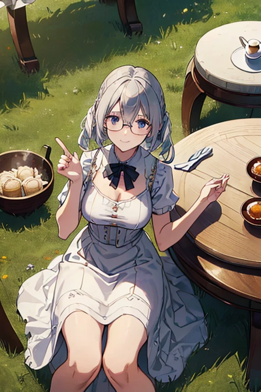 (best quality, masterpiece), (ultra high resolution, 8K RAW photo, photo realistics:1.5, textile shading, thin outline, clear focus:1.2), Beautuful Matured woman preparing tea-time in the garden, standing by the round table, (tea set, tea pot, tea cups, some cakes on dish), classy art deco style table, wearing light_brown maid uniform, breast cleavage, maid costume:1.2, long flare skirts, apron, bow ties on thechest, long tall sally, long legs, long white hair, (wearing thin-flame glasses:1.2), (milf:1.5, 28 years old, solo), (large breast, sagging breast, big tits, narrow waist), (medium short white hair, hair over one eye, (updo hair:1.2), side lock, asymmetric hair, wavy hair), (bright pupils, detailed eyes, high detailed face, Perfect face shape, eye rush), (seductitve smiling, half-closing eyes), (looking at viewers:1.3), (dynamic angle, full body, from above:1.2), ((correct anatomy:1.5, correct hands)), (ideal ratio of body proportions), (outdoor:1.2, grass field),
