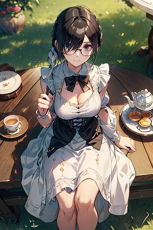 (best quality, masterpiece), (ultra high resolution, 8K RAW photo, photo realistics:1.5, textile shading, thin outline, clear focus:1.2), Beautuful Matured woman preparing tea-time in the garden, standing by the round table, (tea set, tea pot, tea cups, some cakes on dish), classy art deco style table, wearing light_brown maid uniform, breast cleavage, maid costume:1.2, long flare skirts, apron, bow ties on thechest, long tall sally, long legs, long white hair, (wearing thin-flame glasses:1.2), (milf:1.5, 28 years old, solo), (large breast, sagging breast, big tits, narrow waist), (medium short white hair, hair over one eye, (updo hair:1.2), side lock, asymmetric hair, wavy hair), (bright pupils, detailed eyes, high detailed face, Perfect face shape, eye rush), (seductitve smiling, half-closing eyes), (looking at viewers:1.3), (dynamic angle, full body, from above:1.2), ((correct anatomy:1.5, correct hands)), (ideal ratio of body proportions), (outdoor:1.2, grass field),

