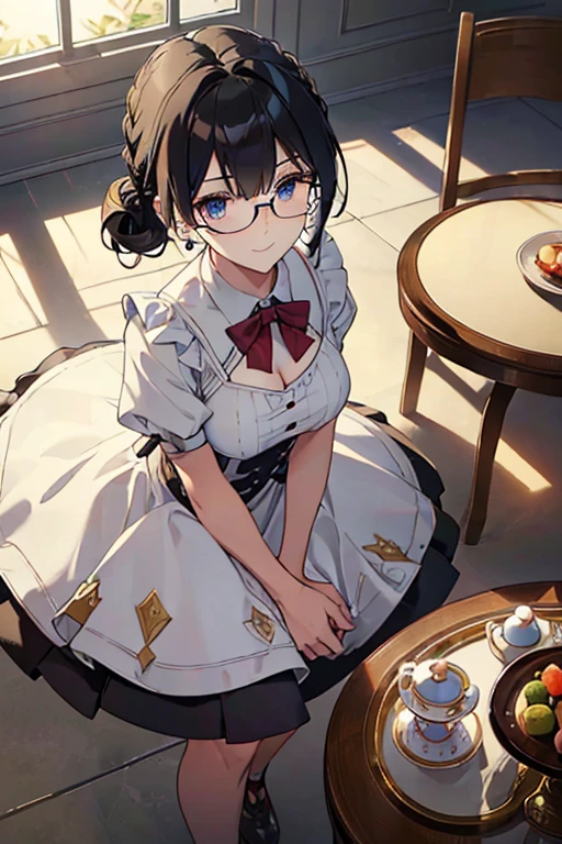 (best quality, masterpiece), (ultra high resolution, 8K RAW photo, photo realistics:1.5, textile shading, thin outline, clear focus:1.2), Beautuful Matured woman preparing tea-time in the garden, standing by the round table, (tea set, tea pot, tea cups, some cakes on dish), classy art deco style table, wearing light_brown maid uniform, breast cleavage, maid costume:1.2, long flare skirts, apron, bow ties on thechest, long tall sally, long legs, long white hair, (wearing thin-flame glasses:1.2), (milf:1.5, 28 years old, solo), (large breast, sagging breast, big tits, narrow waist), (medium short white hair, hair over one eye, (updo hair:1.2), side lock, asymmetric hair, wavy hair), (bright pupils, detailed eyes, high detailed face, Perfect face shape, eye rush), (seductitve smiling, half-closing eyes), (looking at viewers:1.3), (dynamic angle, full body, from above:1.2), ((correct anatomy:1.5, correct hands)), (ideal ratio of body proportions), (outdoor:1.2, grass field),