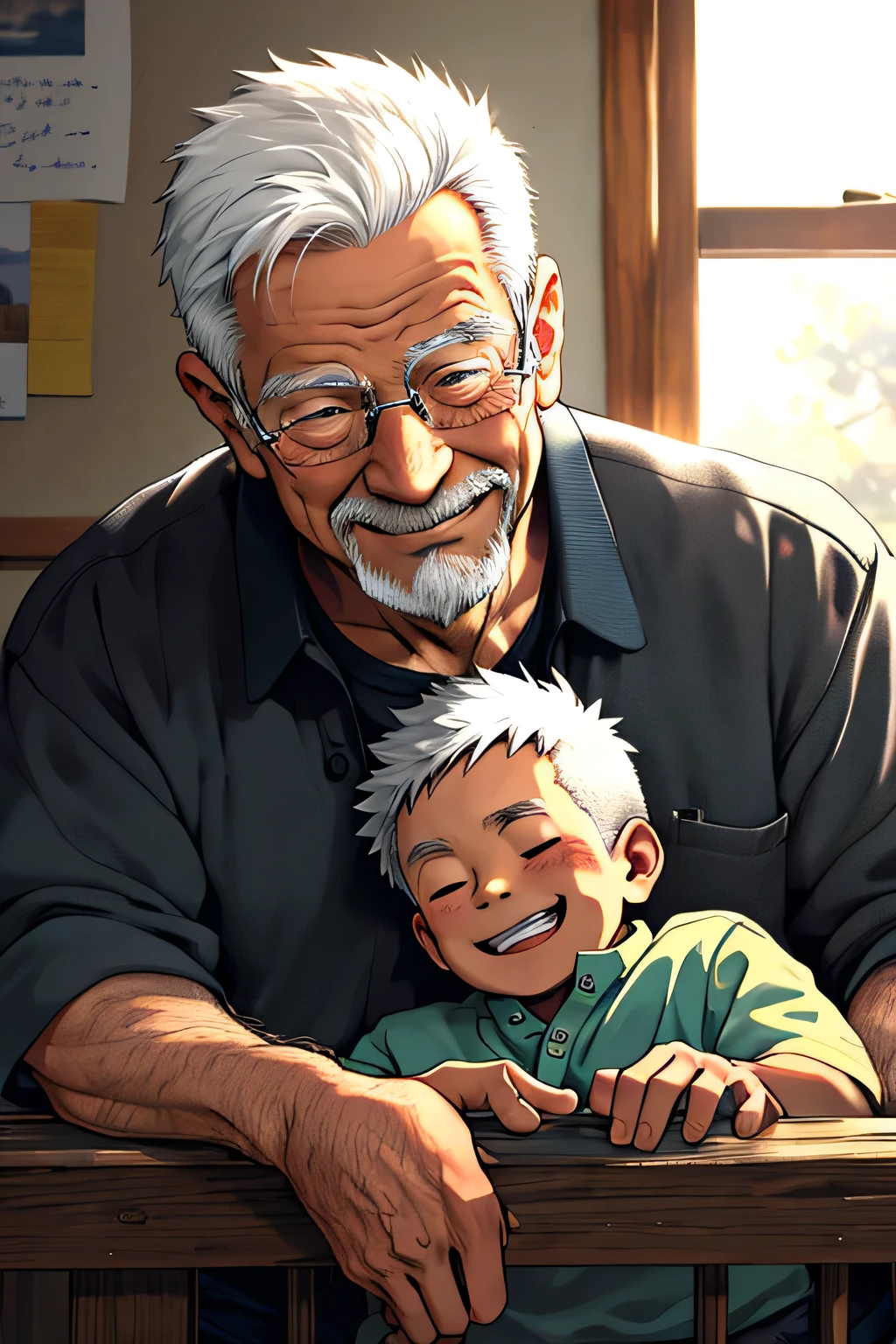 An old man smiled and stroked a little boy
