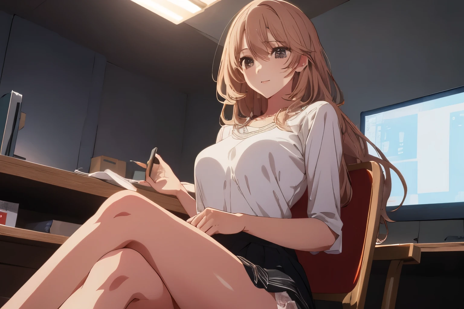 Upskirt,panty shot,1girl in,A smile、Knitted clothing、sitting,Looking at the camera、Office、anime styled,realistic white lace panties,, ,masterpiece ,8k unity wallpaper,anime key visual,highest quality, High resolution, unity 8k wallpaper, (shape:0.8), highly detailed face, shiny skin,fine skin,white skin,dense skin,detailed hair,highly detailed legs,perfect lighting, Detailed CG, (perfect hands, perfect anatomy),High resolution,(Detailed wear ),slender limbs, delicate curves, dainty hands,figure:0.8,