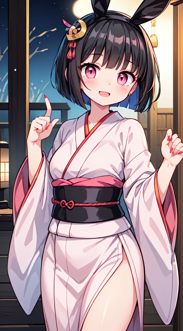 (masterpiece, highest quality, highest quality, Official Art, beautifully、aesthetic:1.2),Very detailed,Intricate details,Great illustrations,Award-winning art,atmosphere,
break, 1 beautiful Naughty Girls,alone,(cute type:1.5),(Little:0.8),(cute type:1.5),(change:0.5),(Naughty Girls, cute, Full of energy, change face,My breasts are a little swollen),(Black Hair, Messy Short Bob, Story Me, Pink Eyes:1.55 ),(Full of energy, Goofy smile, Bad face:1.2),(white bunny ears headband:1.2), break, (Japanese kimono:1.35),kimono, ultra detailed texture kimono, rainbow paint kimono, paint bulb, Paint Drop,(Fingernails:1.2),(hair ornaments, Earrings, hair ornaments),
break , Outdoor Shrine Heian, Night Sky, (Motion Lines Motion Blur:1.2), (onmyouji:1.8),Controlling Shikigami,
break,Wakame seaweed,Wakame seaweed,Wakame seaweed,(Cowboy Shot:1.4),
break,(Blurred Background:1.3),(Absurd, High resolution, Super Detail Art),Cel Shading,Clear Color, Optical Effects, beautiful photo, Bright glow, 神秘的なatmosphere,(Close-up of a girl:1.1), Mysterious light particle effect,Manga influence, Beautiful line drawing,